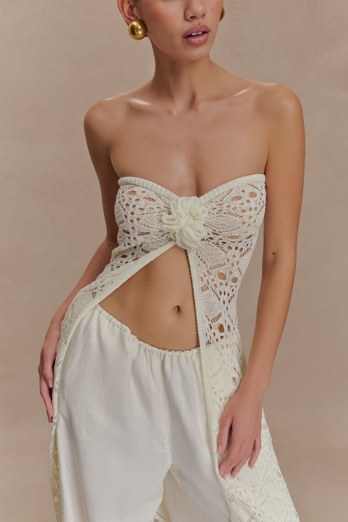 Aeline Strapless Crochet Knit Top - Ivory