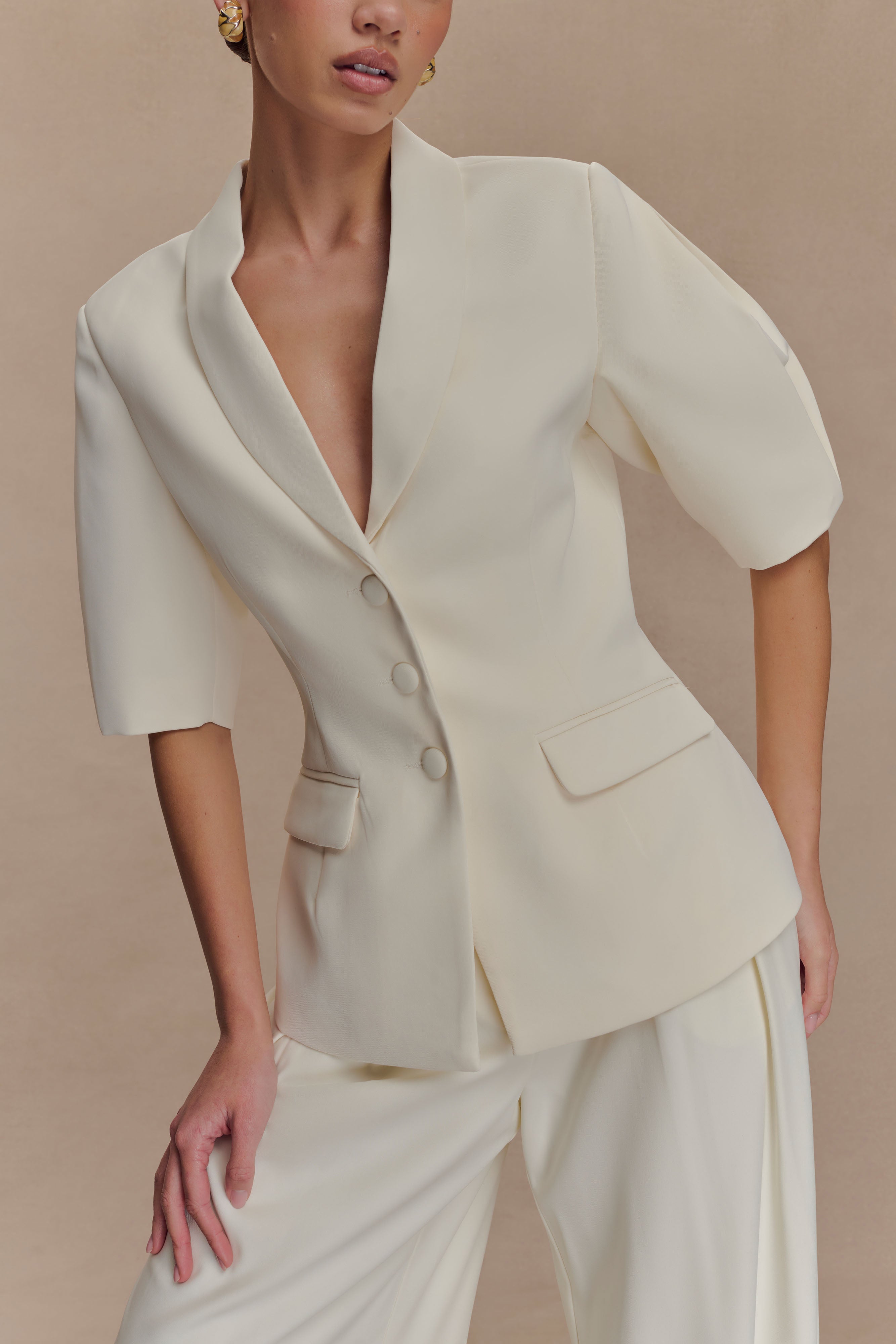 Opal Puff Sleeve Suiting Top - Ivory | MESHKI UK