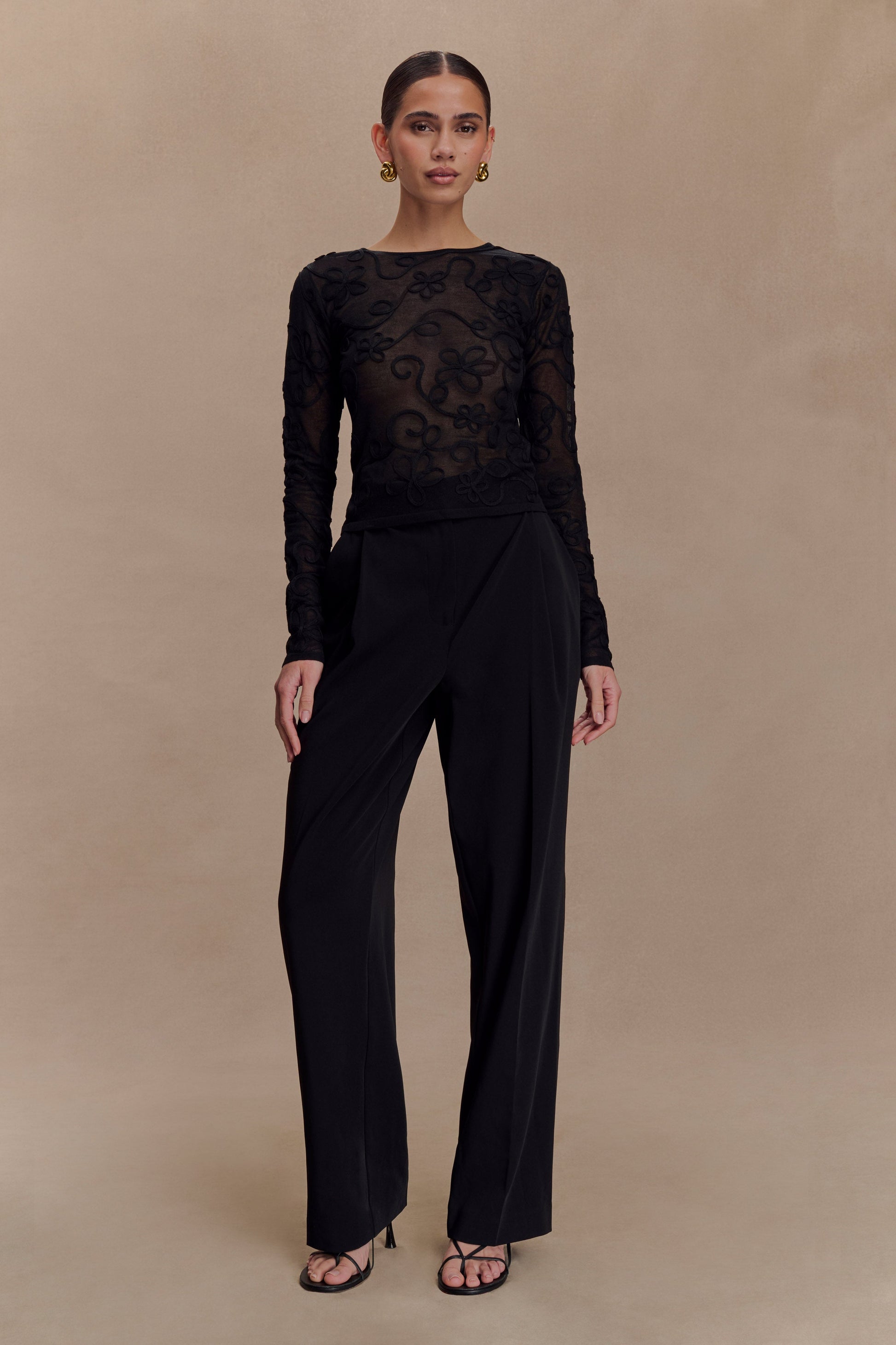 Omari Embroidery Long Sleeve Knit Top - Black #4