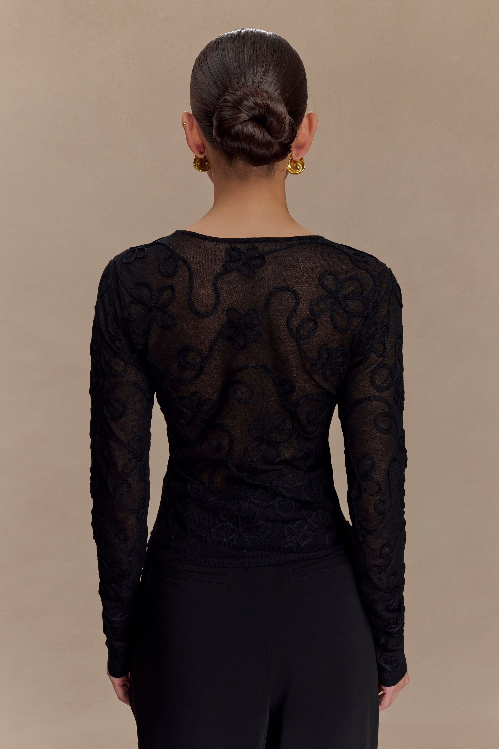 Omari Embroidery Long Sleeve Knit Top - Black #2