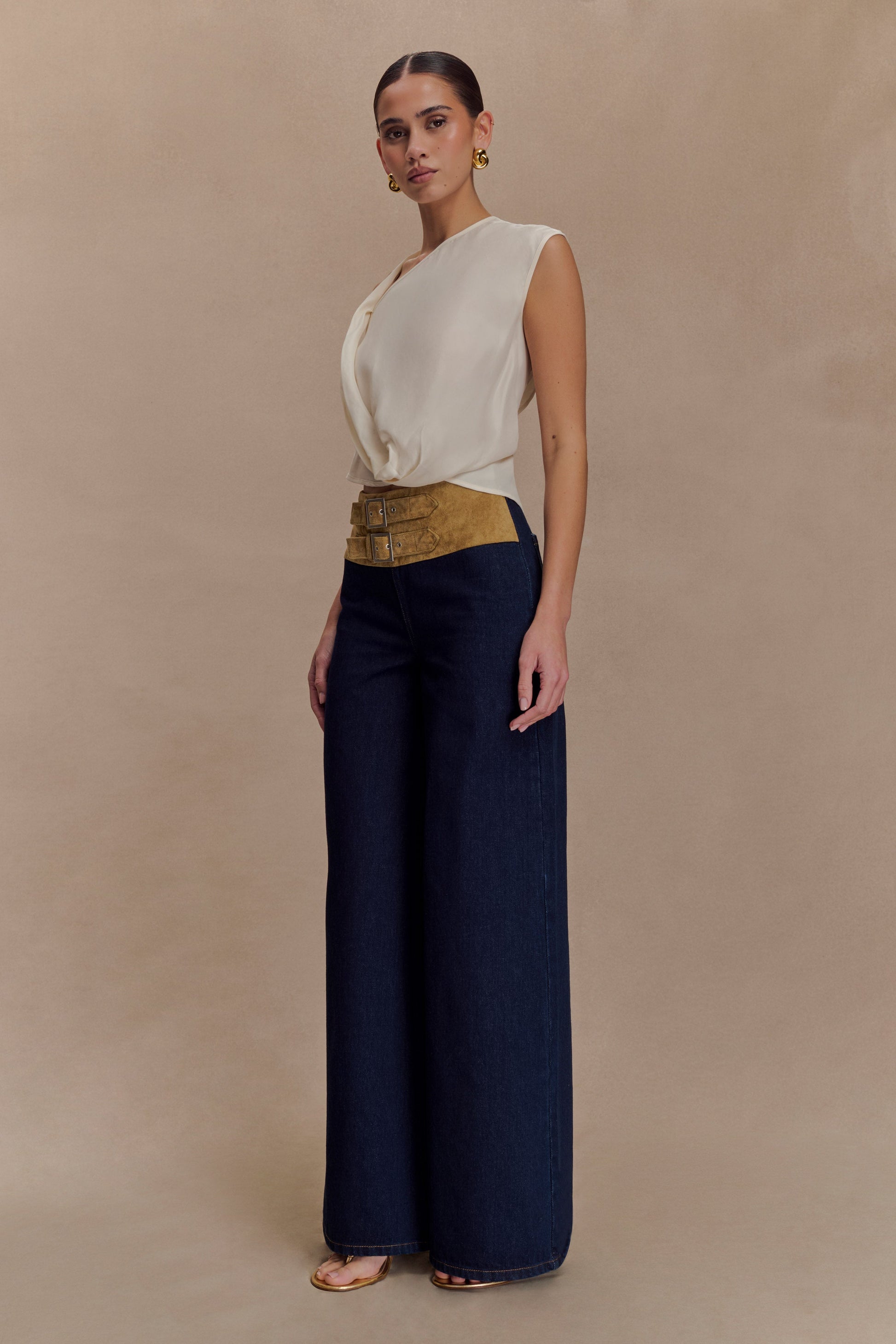 Miranda Faux Suede Belted Denim Wide Leg Jeans - Indigo Blue #4