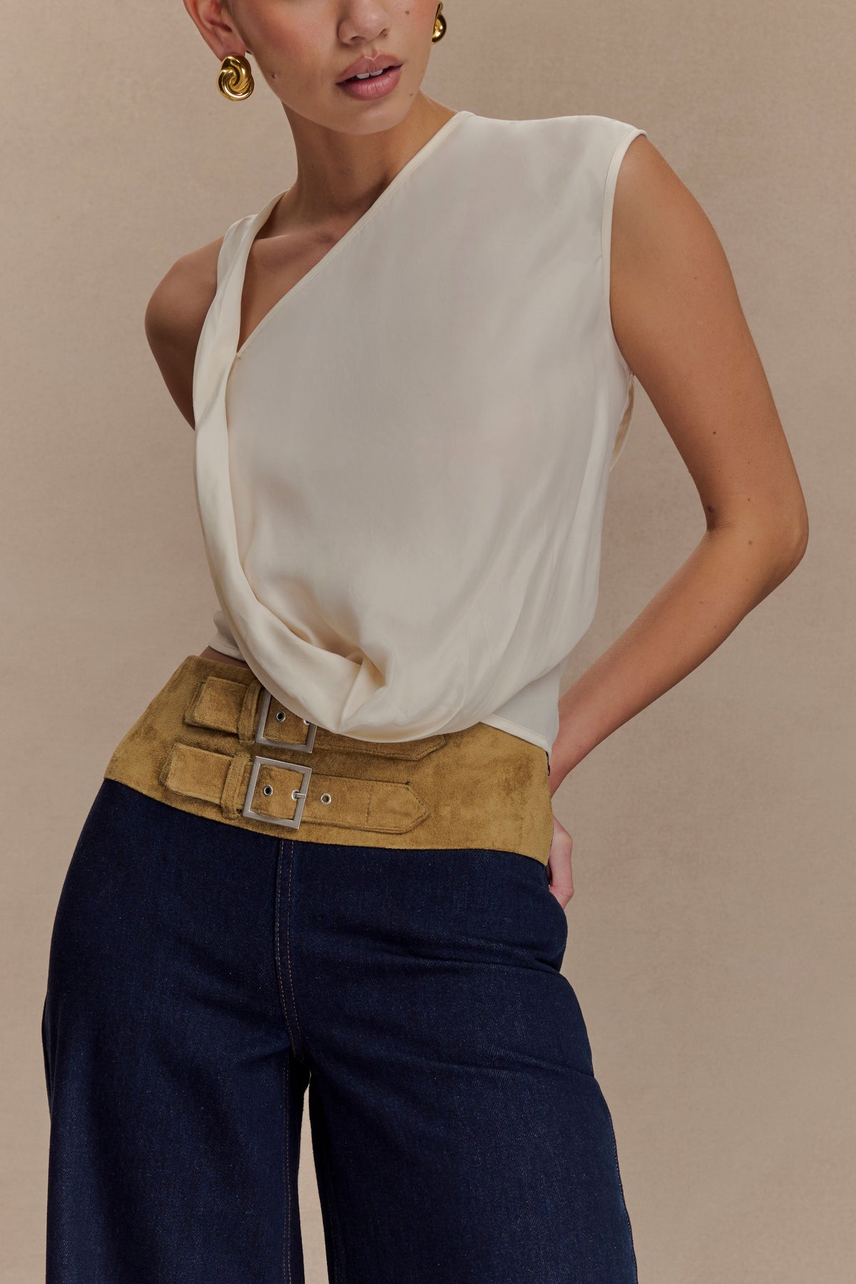 Miranda Faux Suede Belted Denim Wide Leg Jeans - Indigo Blue #3