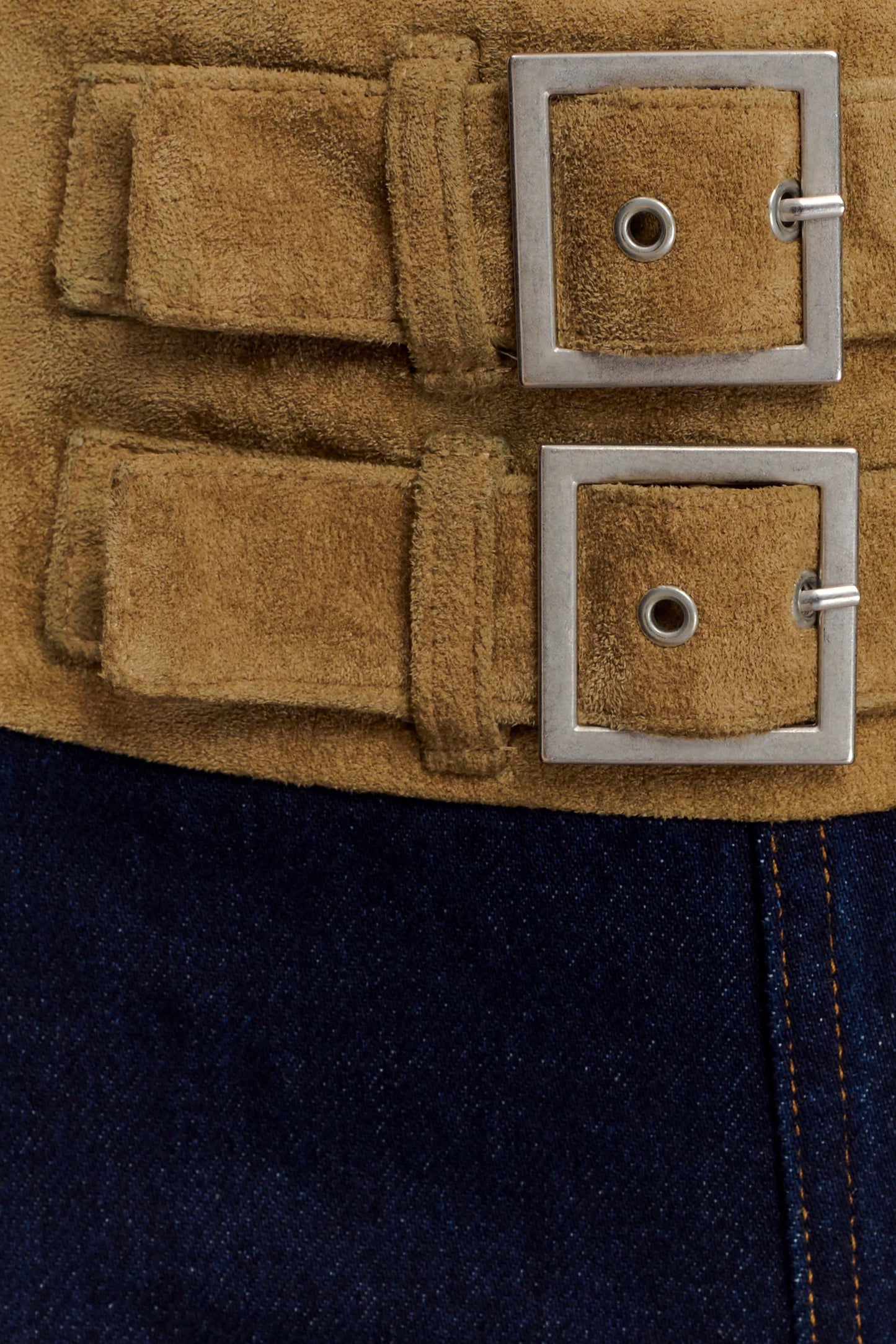 Miranda Faux Suede Belted Denim Wide Leg Jeans - Indigo Blue