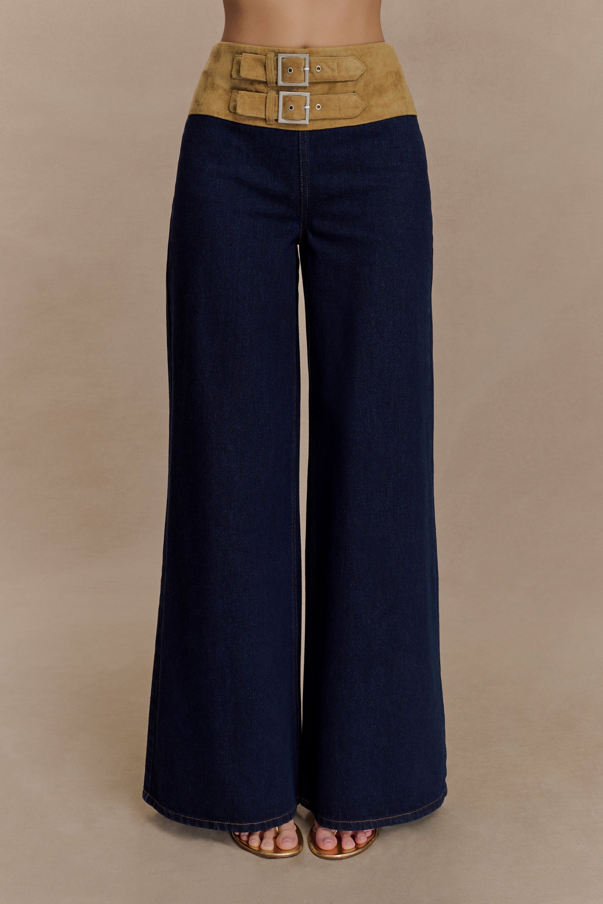 Miranda Faux Suede Belted Denim Wide Leg Jeans - Indigo Blue