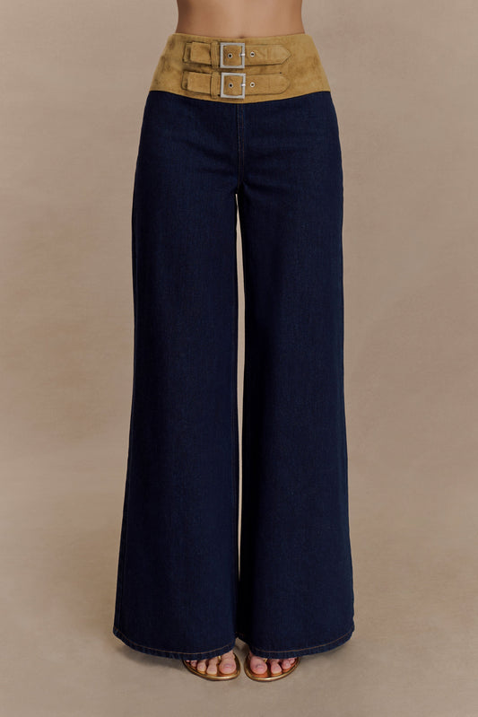 Miranda Faux Suede Belted Denim Wide Leg Jeans - Indigo Blue
