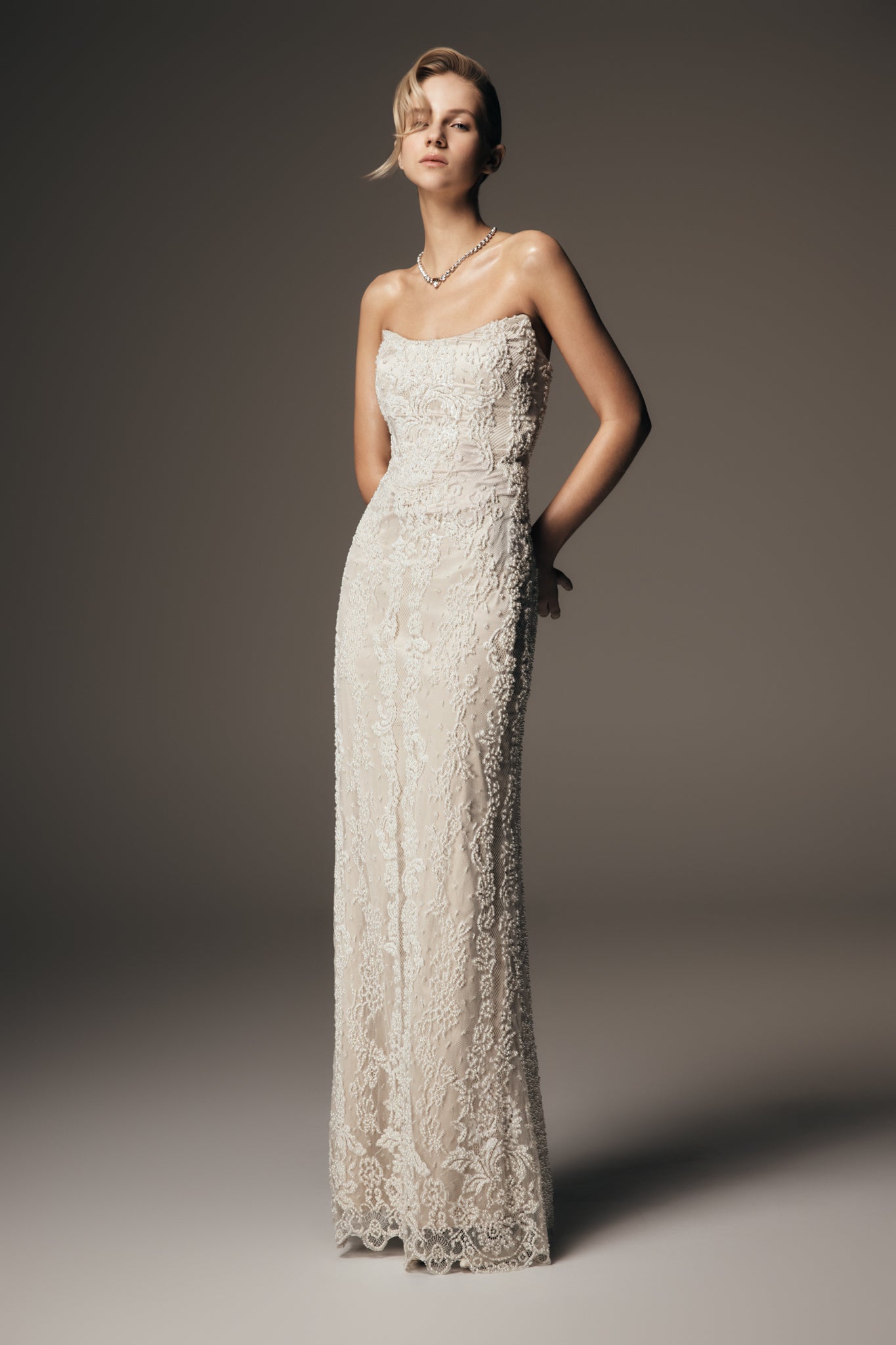 Eva Hand Beaded Pearl & Lace Maxi Dress - White