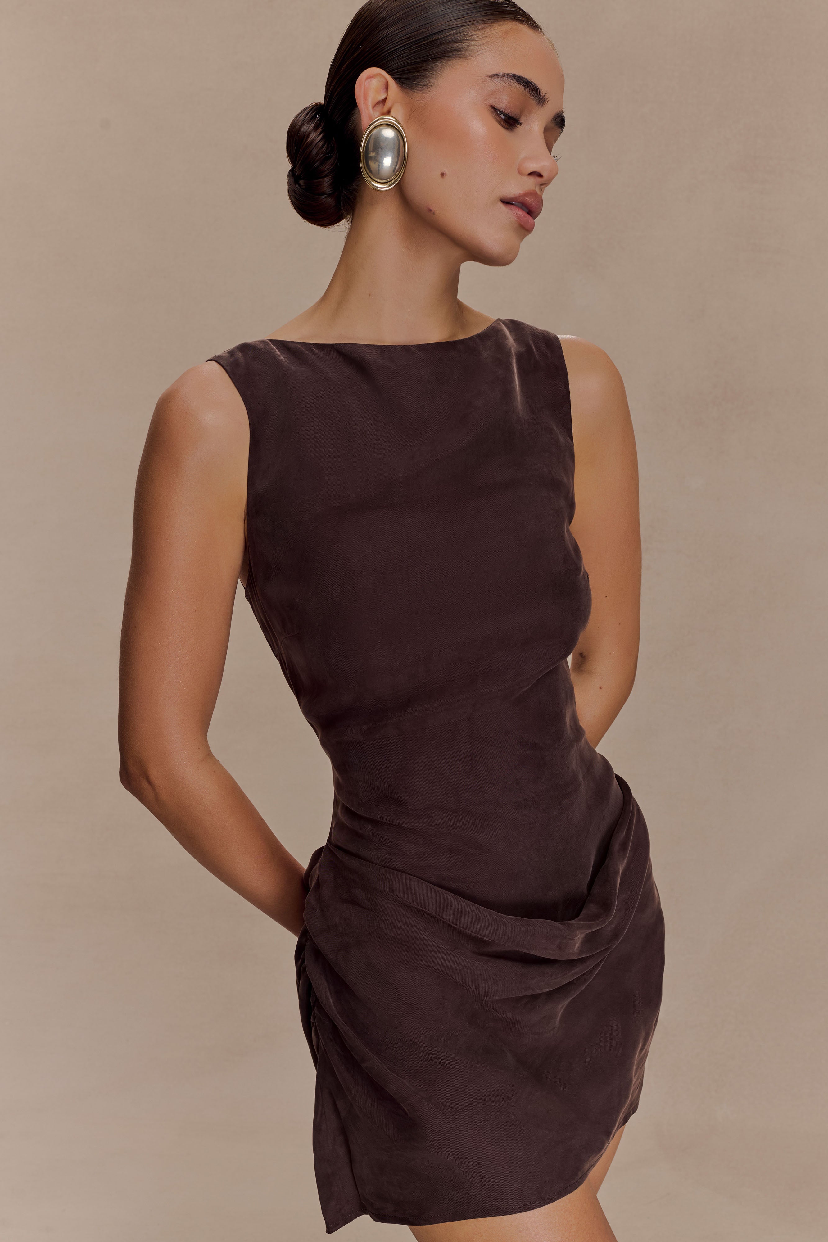 Bexley Draped Mini Dress - Dark Chocolate | MESHKI UK