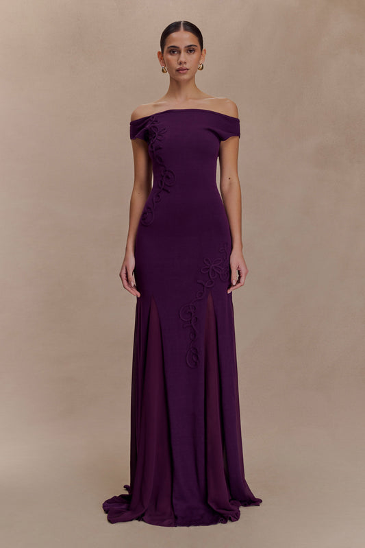 Nesta Embroidery Off Shoulder Knit Dress - Plum