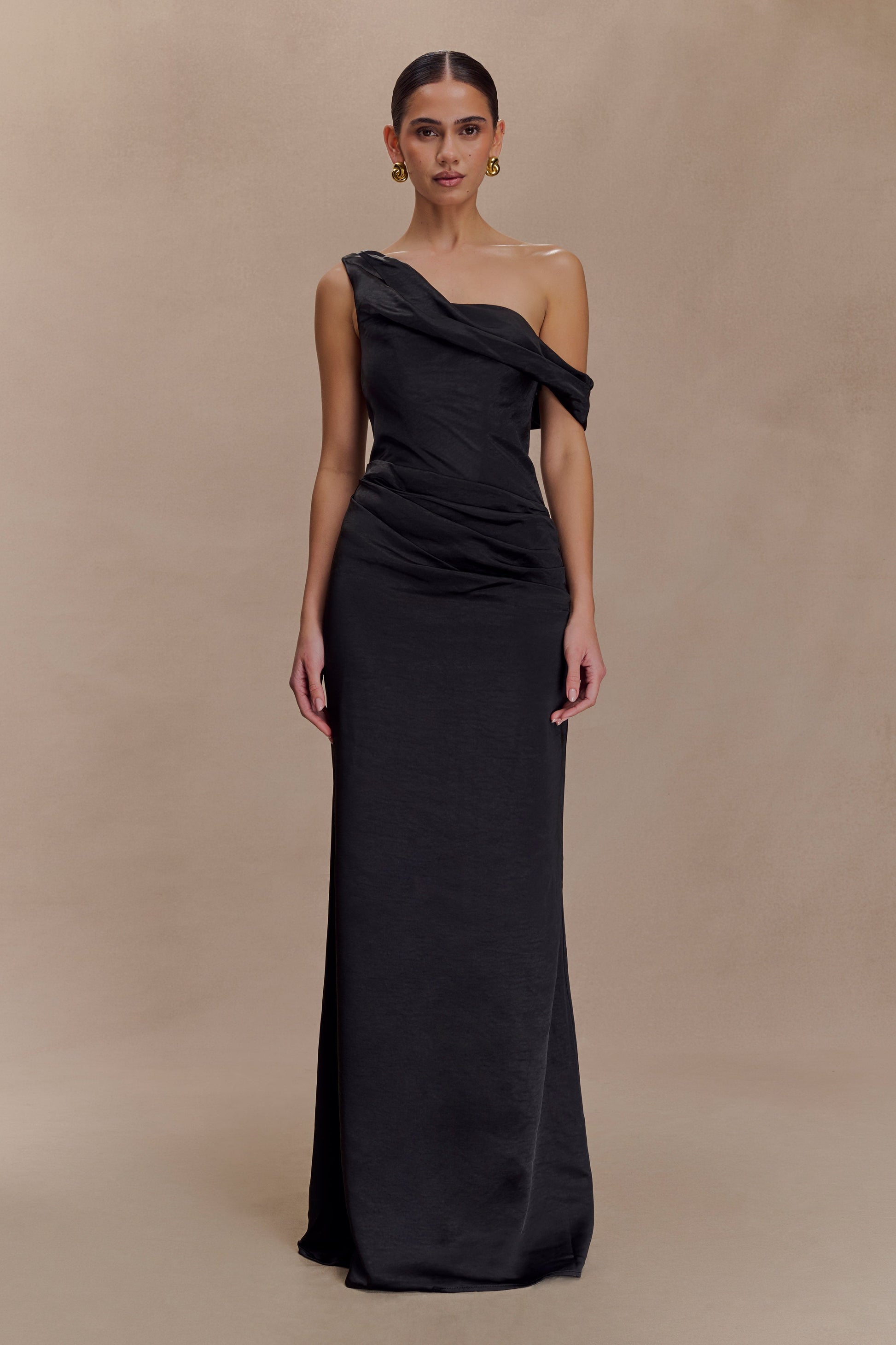 Dalia Off Shoulder Satin Maxi Dress - Black | MESHKI UK Dalia Off Shoulder Satin Maxi Dress - Black | MESHKI UK