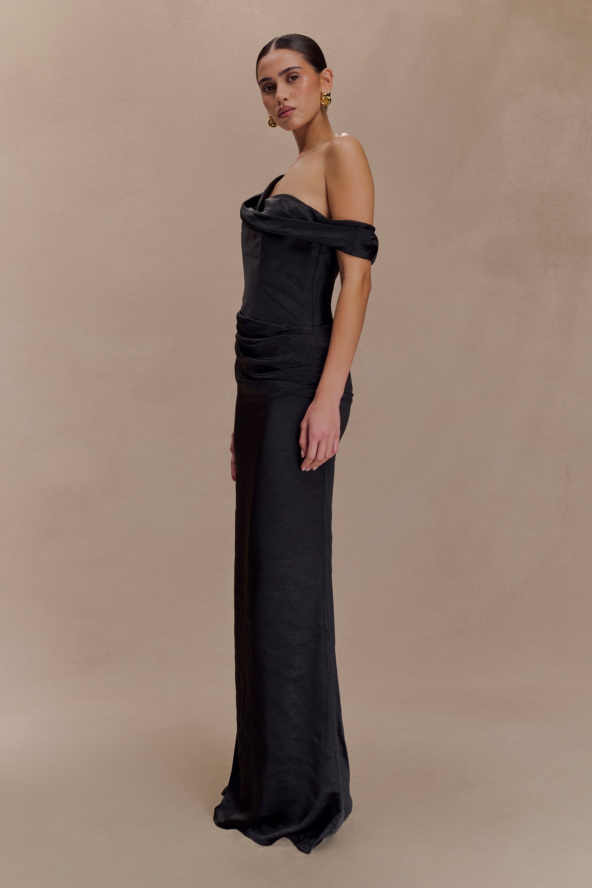 Dalia Off Shoulder Satin Maxi Dress - Black #3
