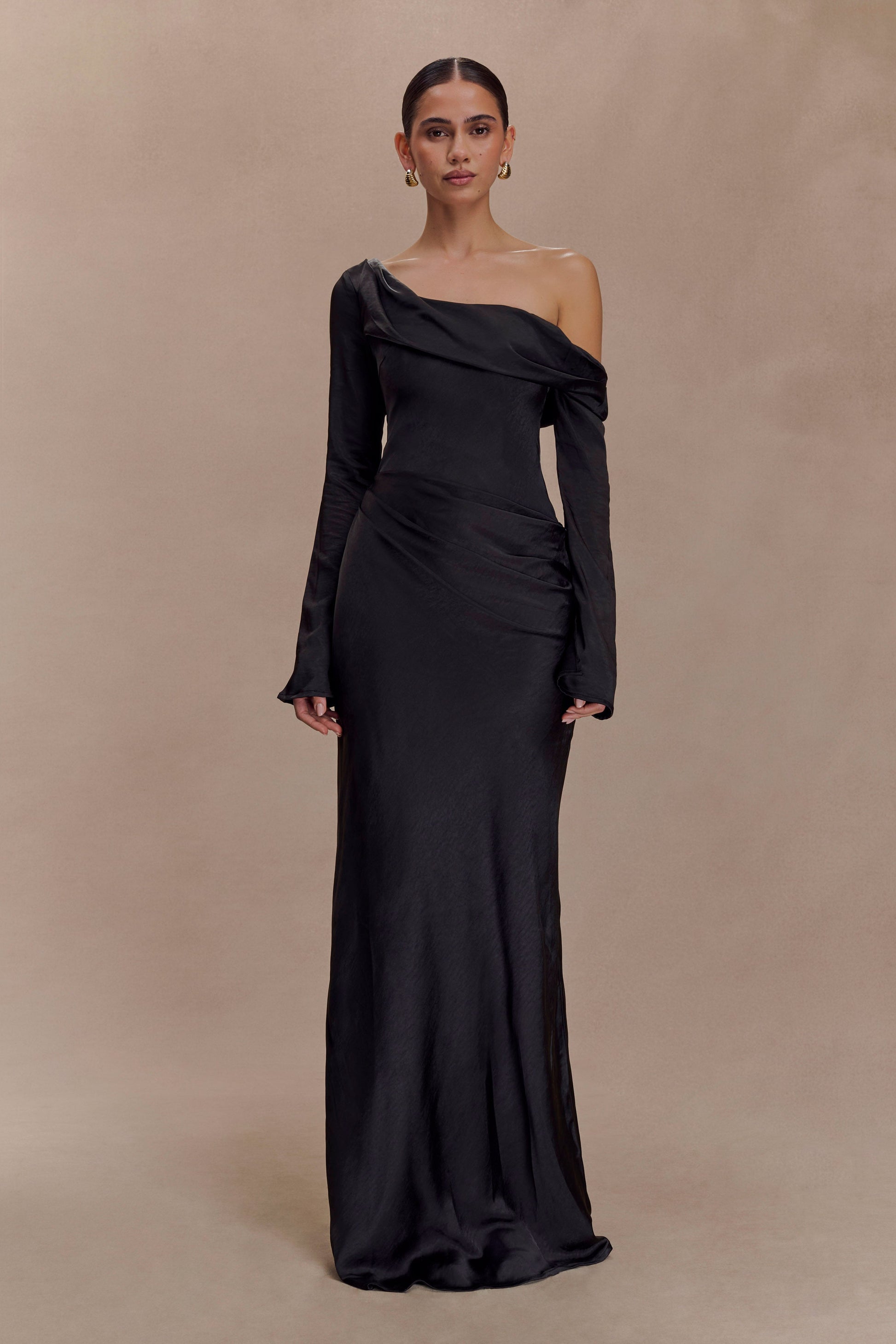 Iris Long Sleeve Satin Maxi Dress - Black | MESHKI UK Iris Long Sleeve Satin Maxi Dress - Black | MESHKI UK