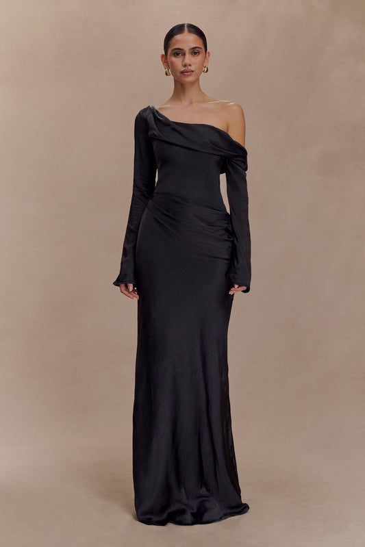 Iris Long Sleeve Satin Maxi Dress - Black