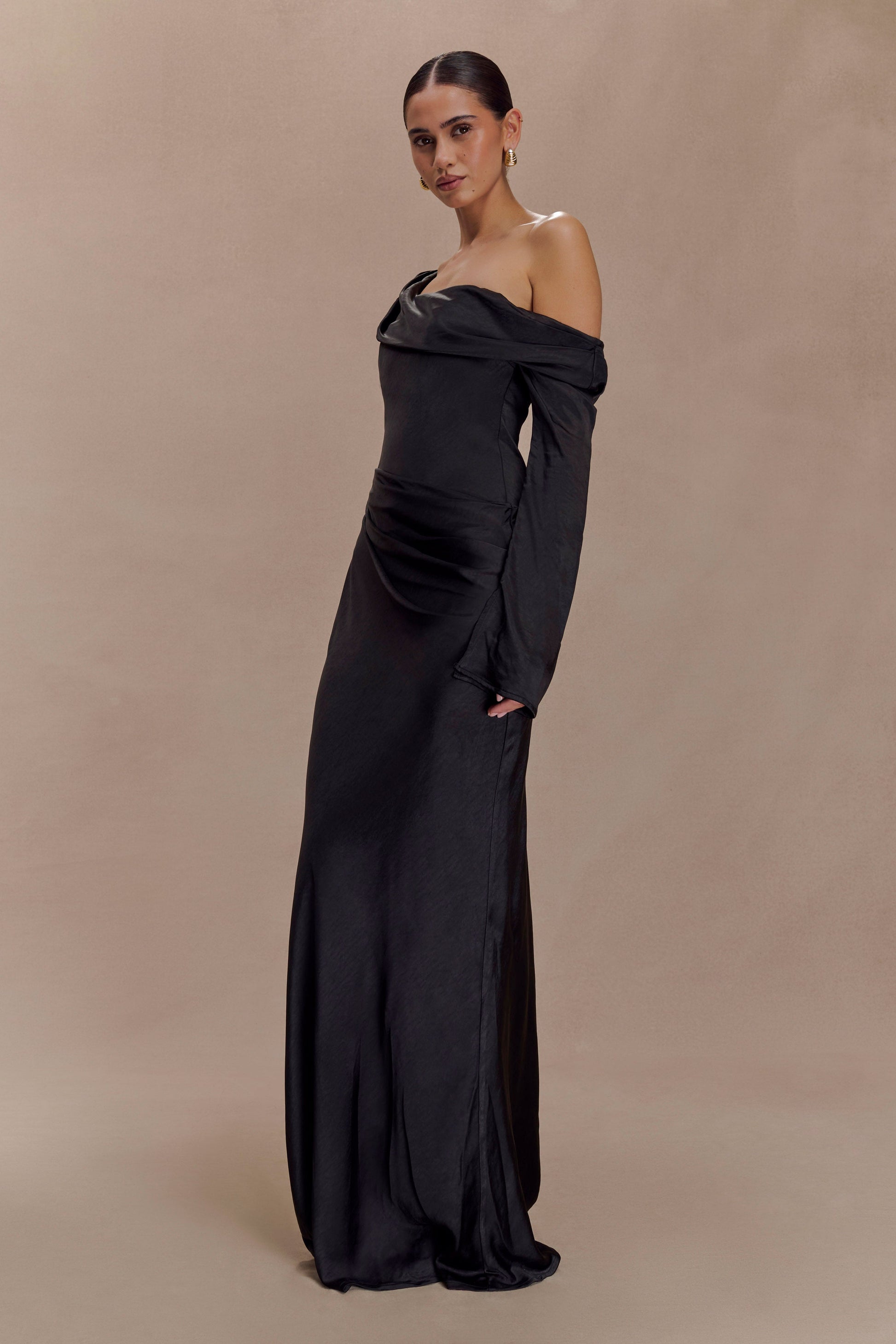 Iris Long Sleeve Satin Maxi Dress - Black #2