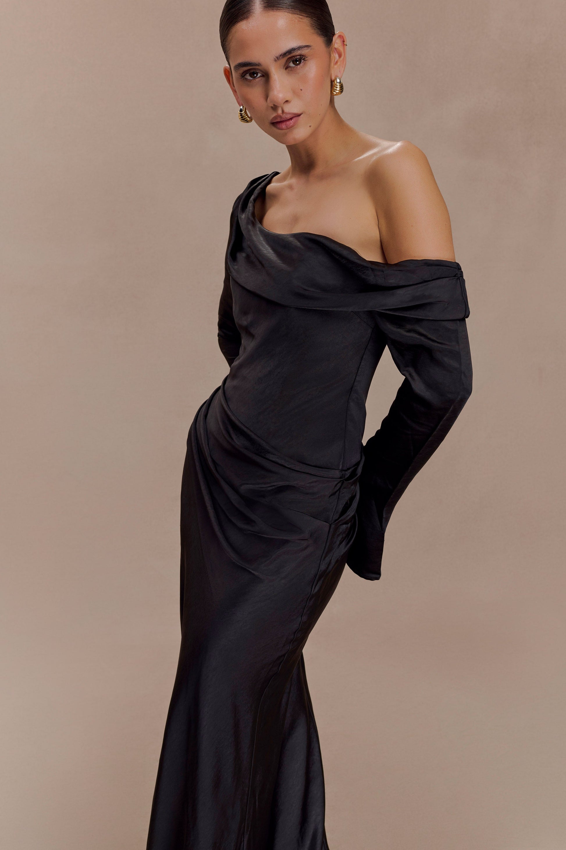 Iris Long Sleeve Satin Maxi Dress - Black #5