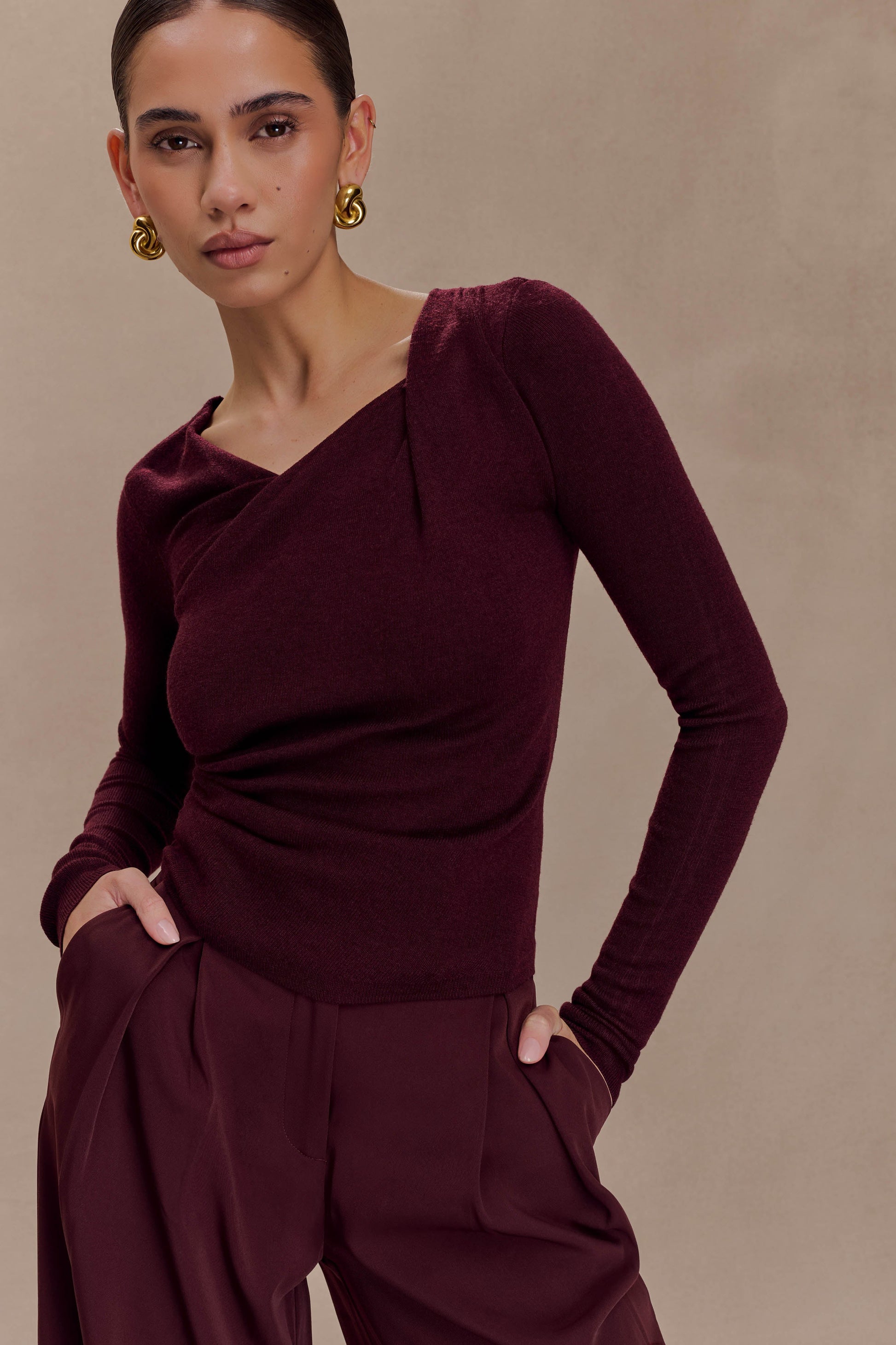 Culver Draped Twist Knit Top - Wine #5