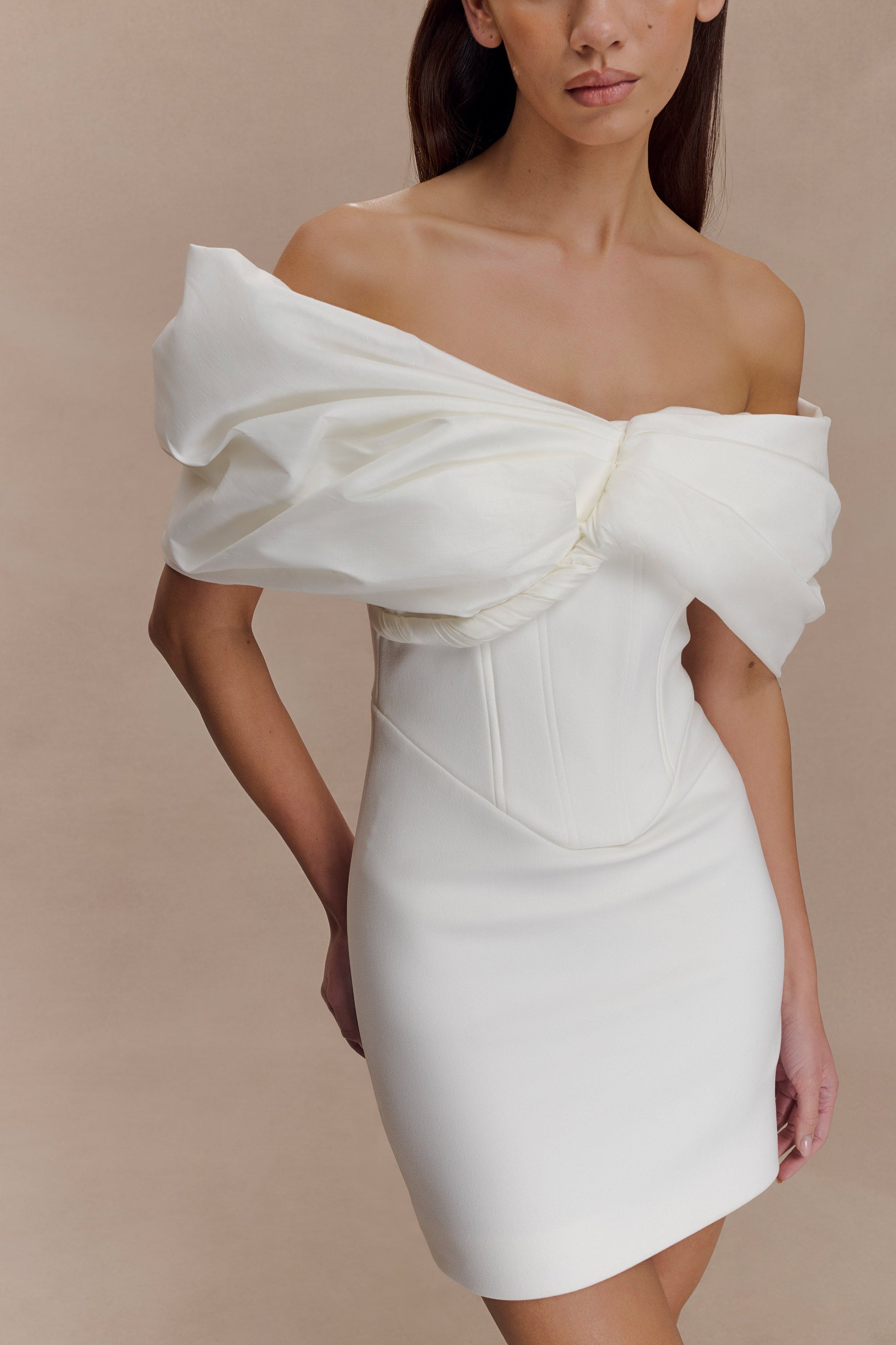 Aphrodite Off Shoulder Crepe Mini Dress - Ivory #9