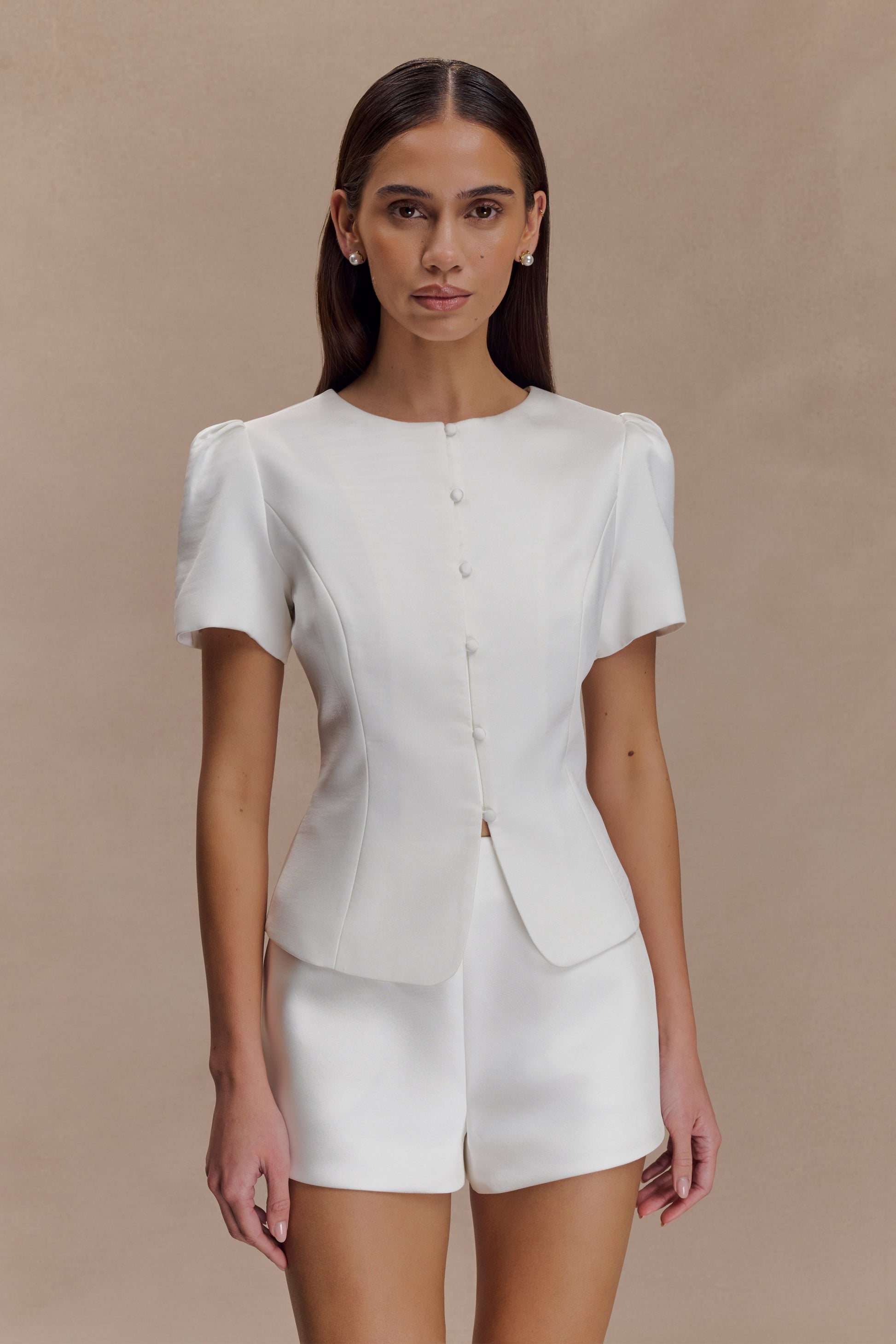 Anne Short Sleeve Satin Top - White #7