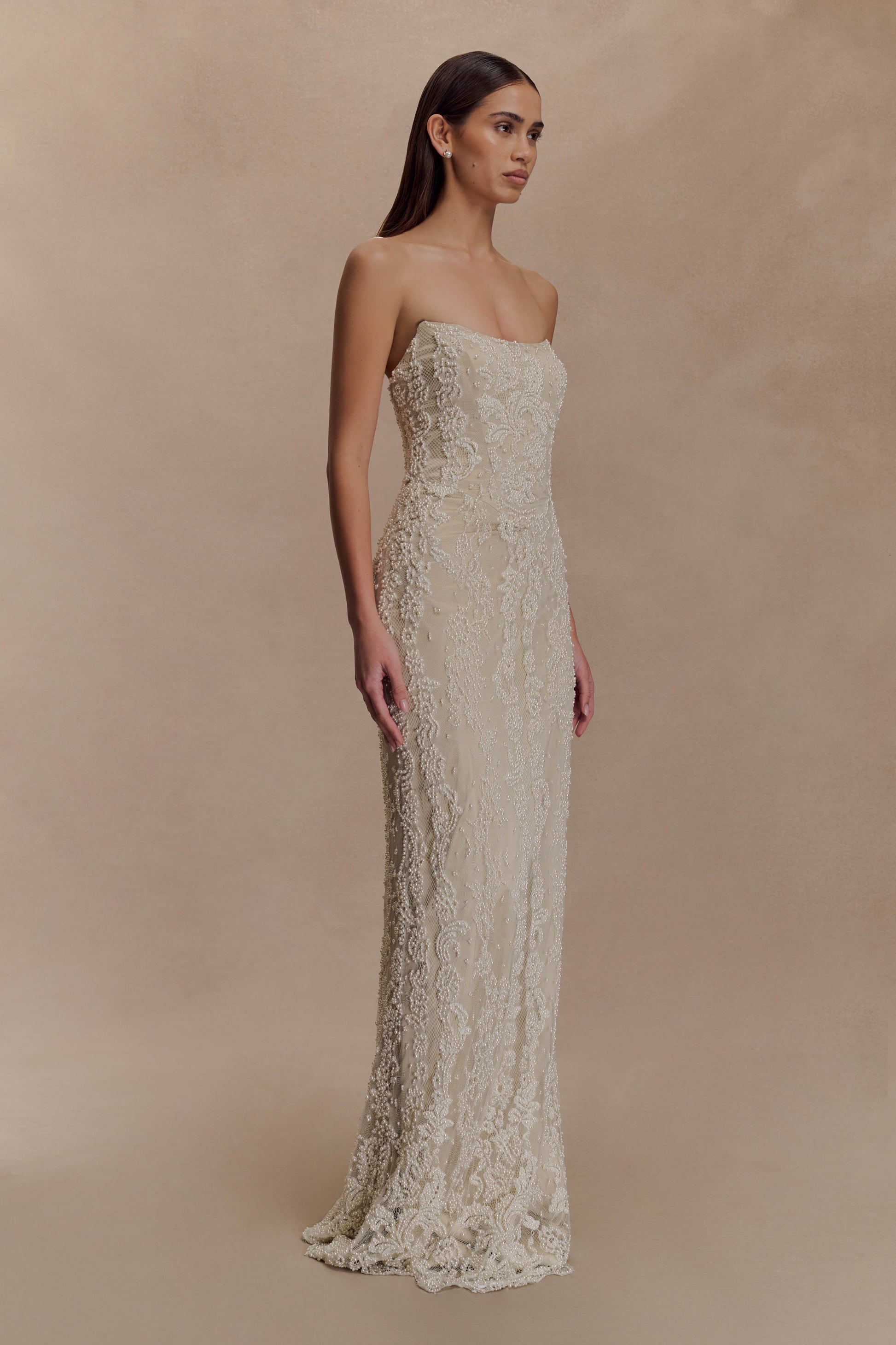 Eva Hand Beaded Pearl & Lace Maxi Dress - White #7