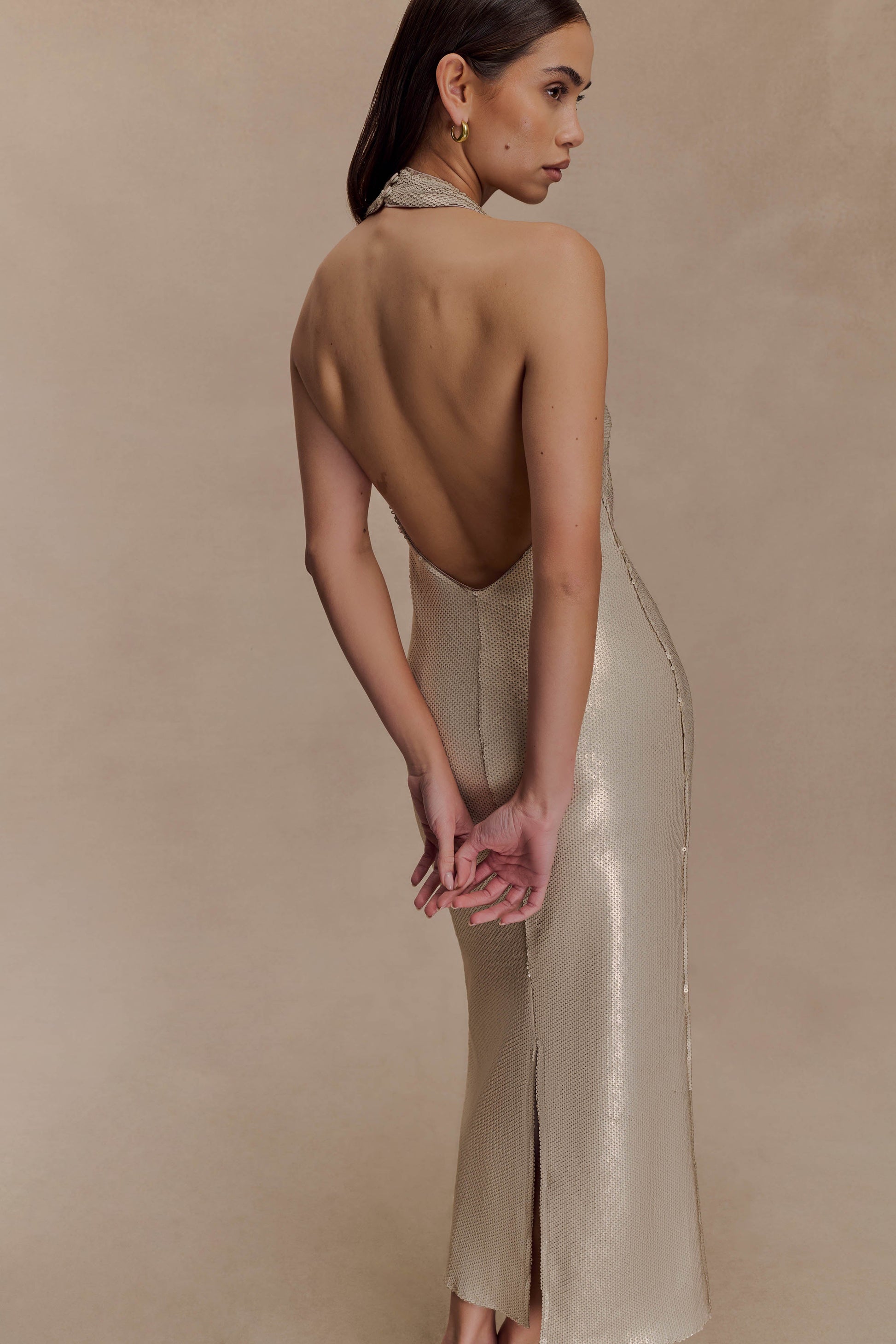 Carnation Sequin Halter Midi Dress - Gold #5
