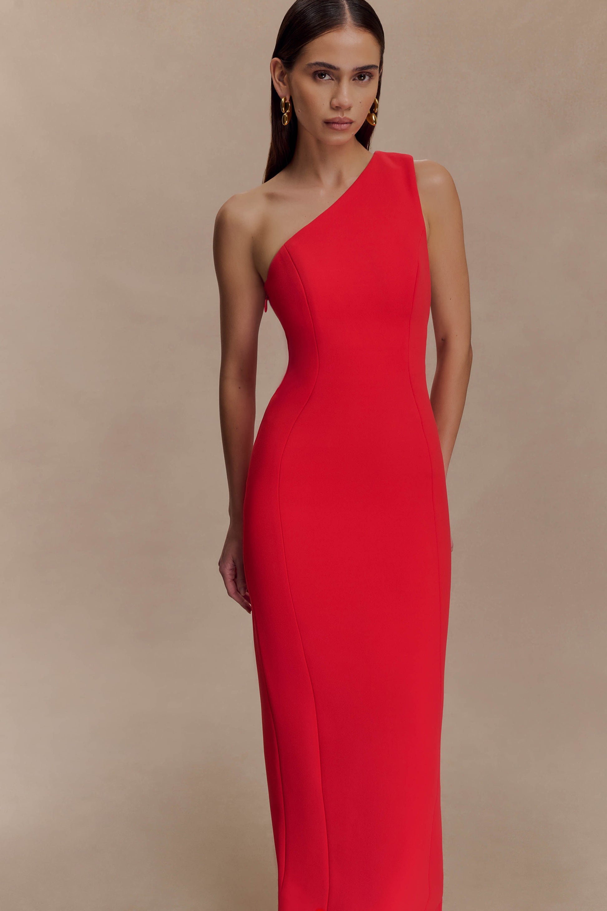 Milena One Shoulder Crepe Maxi Dress - Red #7