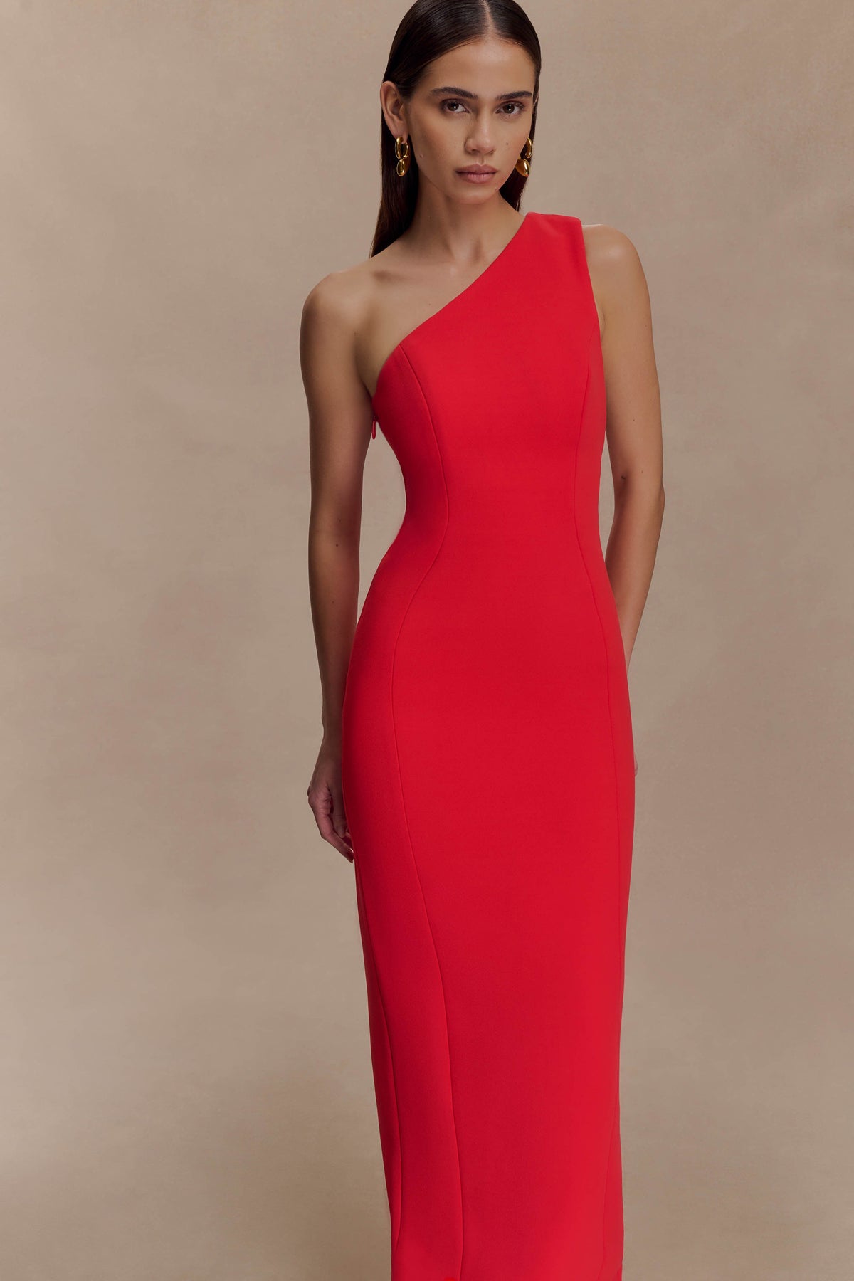 Milena One Shoulder Crepe Maxi Dress - Red #7