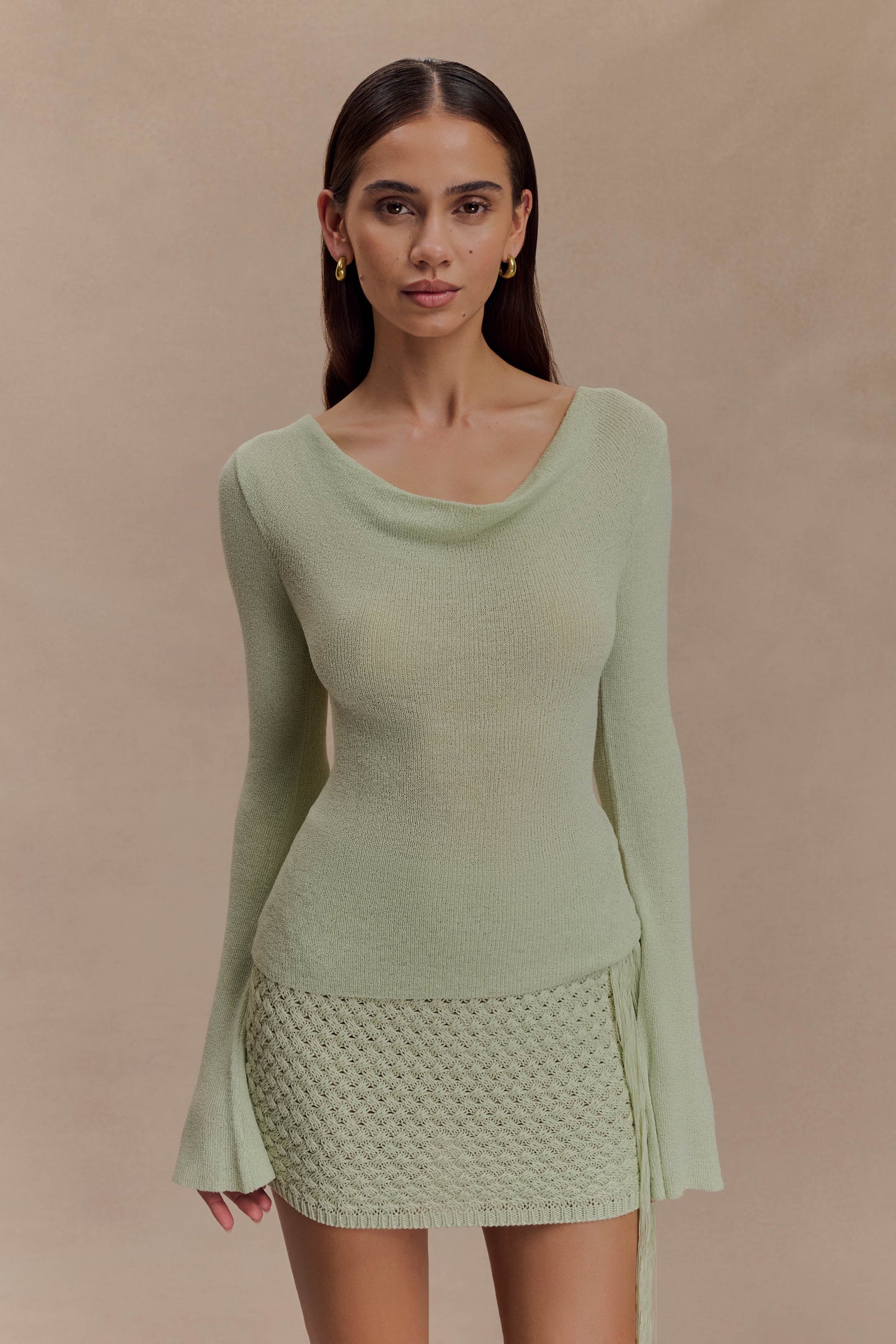 Elowen Knit Cowl Long Sleeve Top - Pastel Green