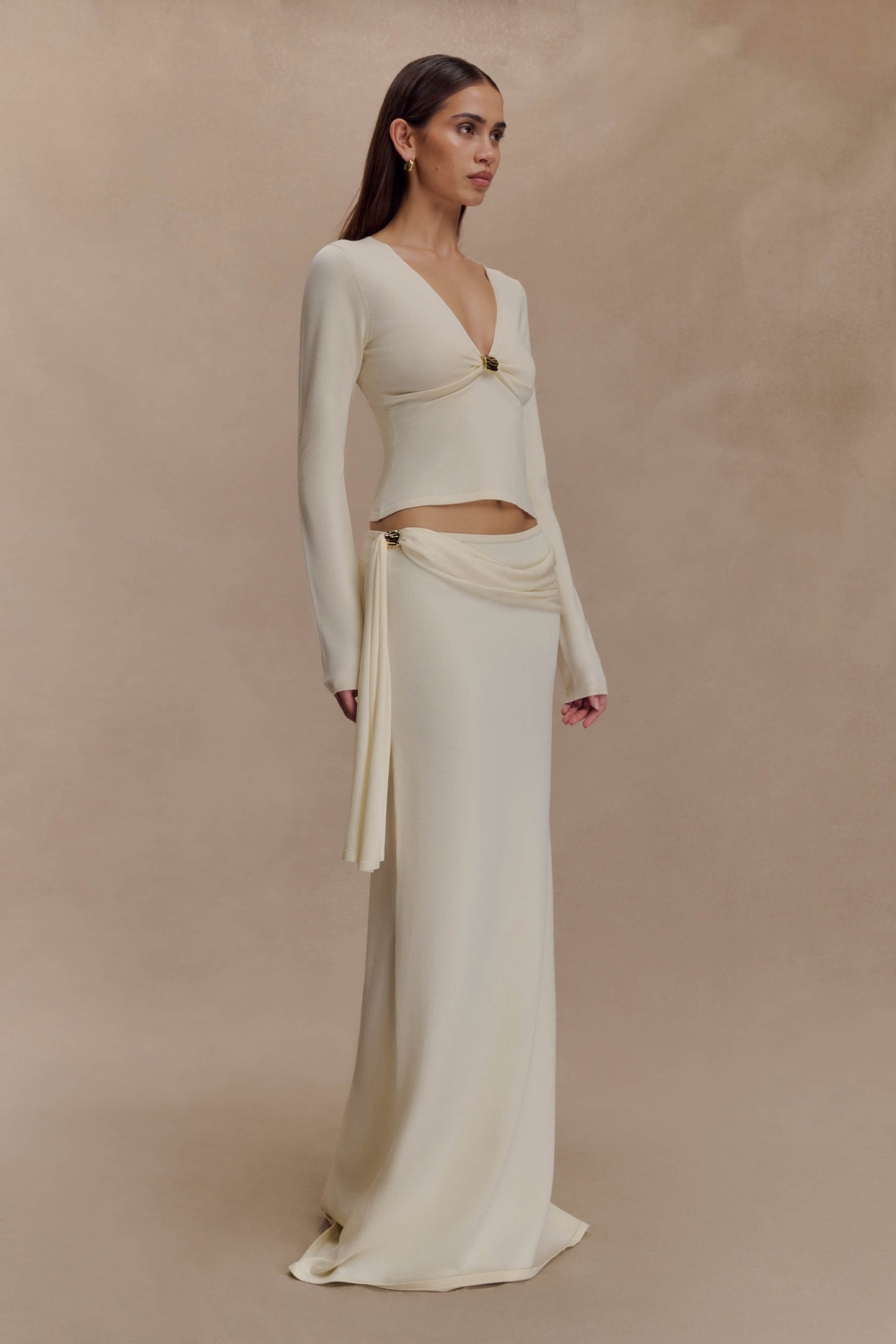 Miraby Front Ruched Knit Long Sleeve Top - Ivory