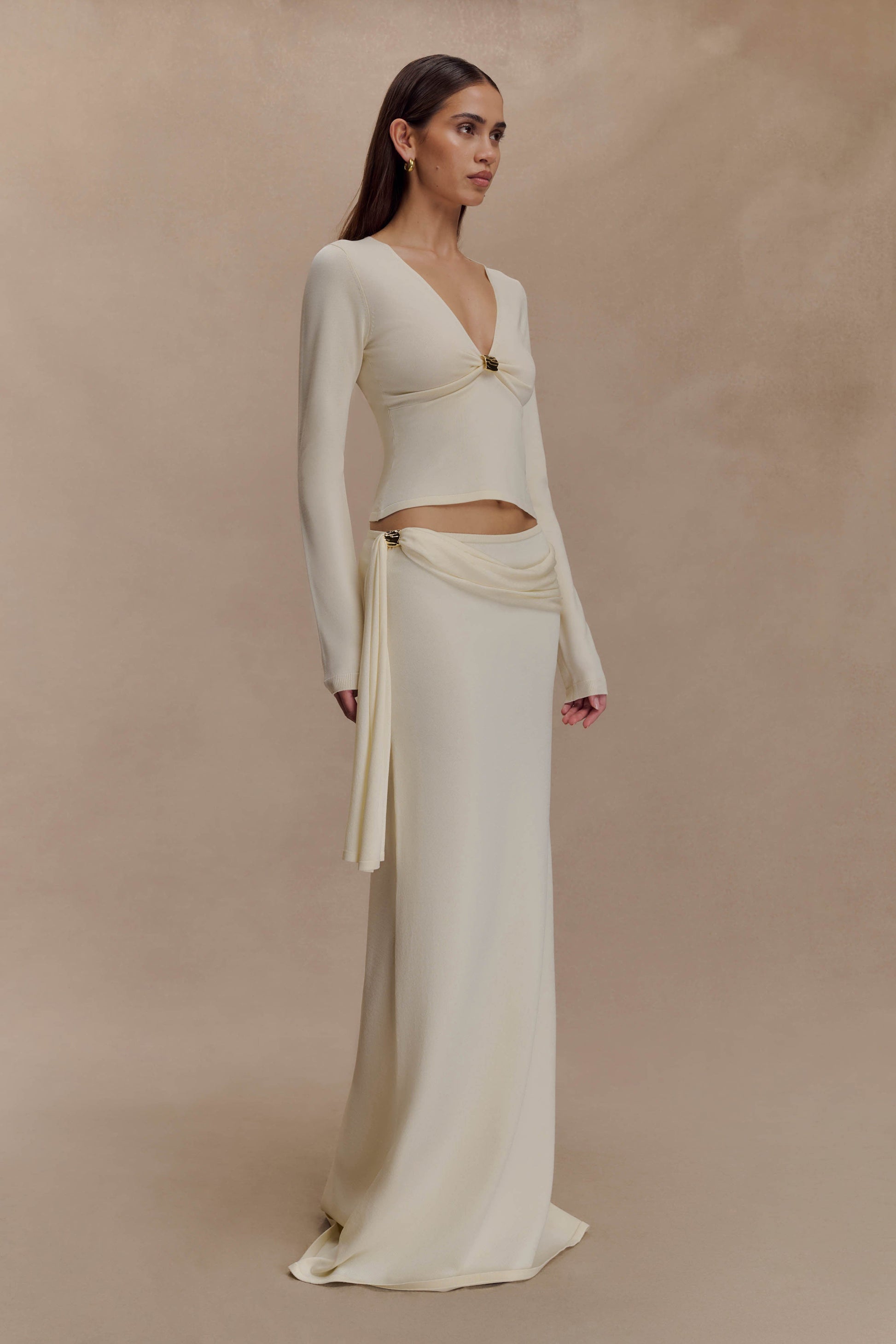 Miraby Front Ruched Knit Long Sleeve Top - Ivory #4