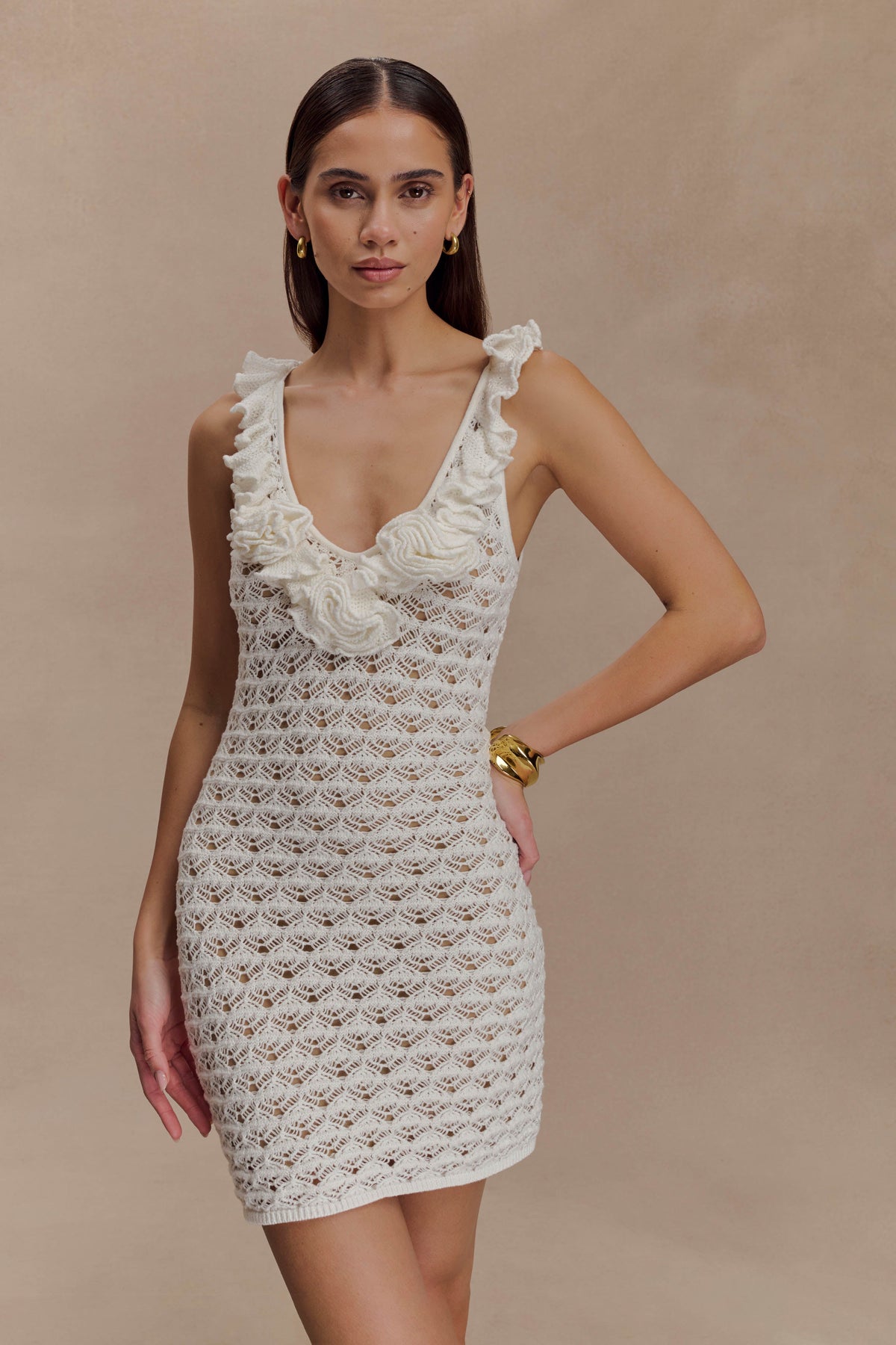 Brigid Ruffle Knit Sleeveless Dress - Ivory