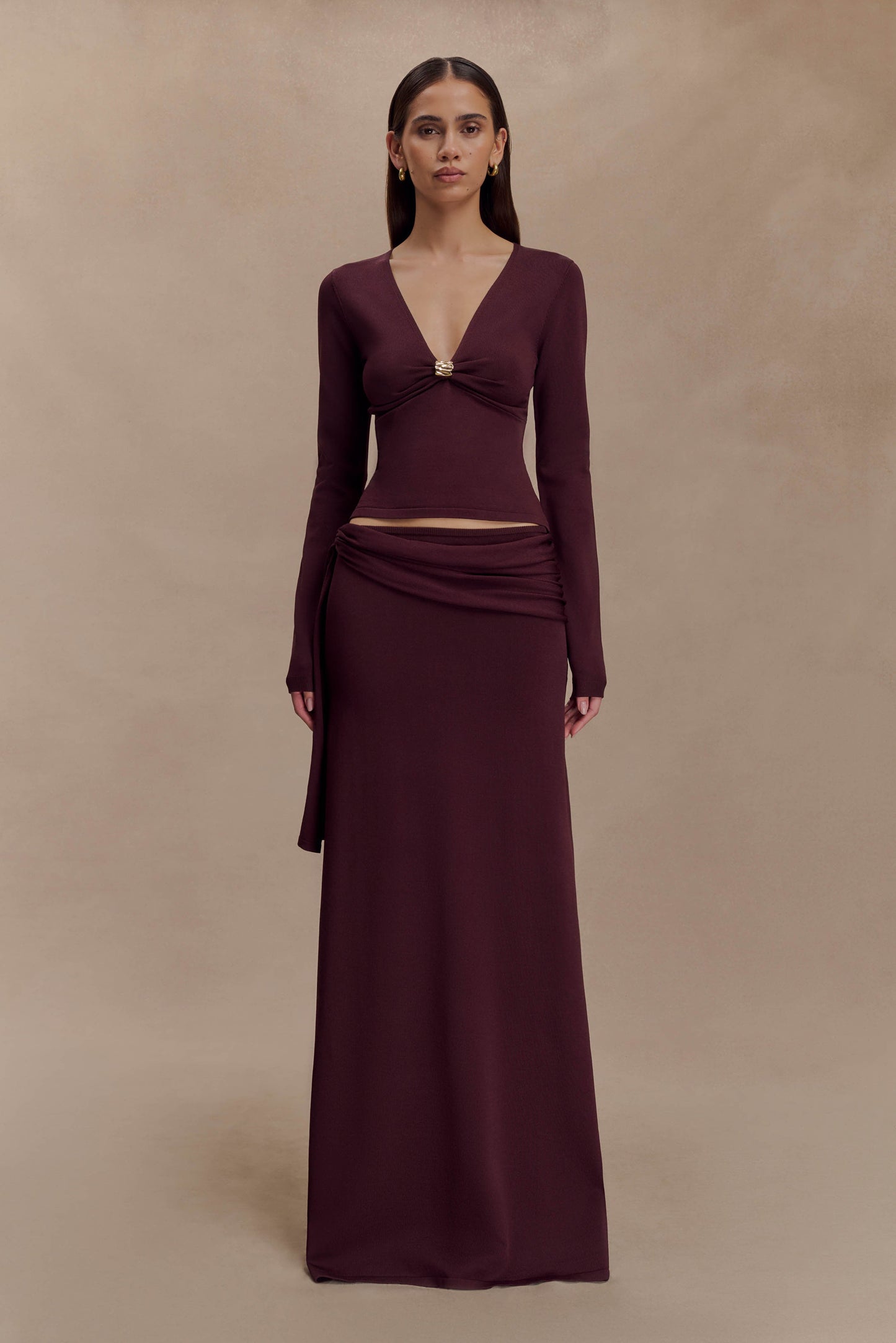 Miraby Front Ruched Knit Long Sleeve Top - Dark Chocolate