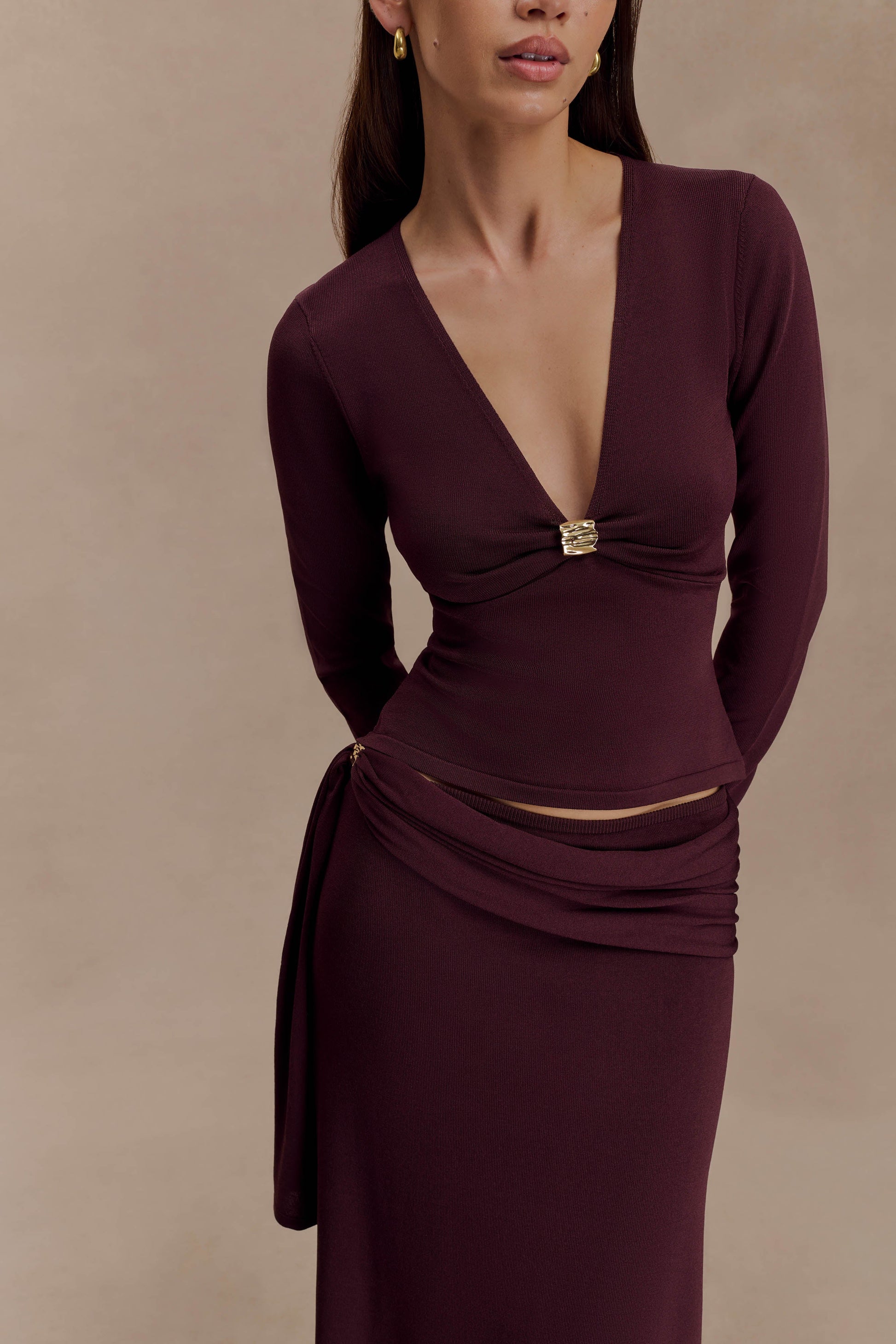 Miraby Front Ruched Knit Long Sleeve Top - Dark Chocolate #3