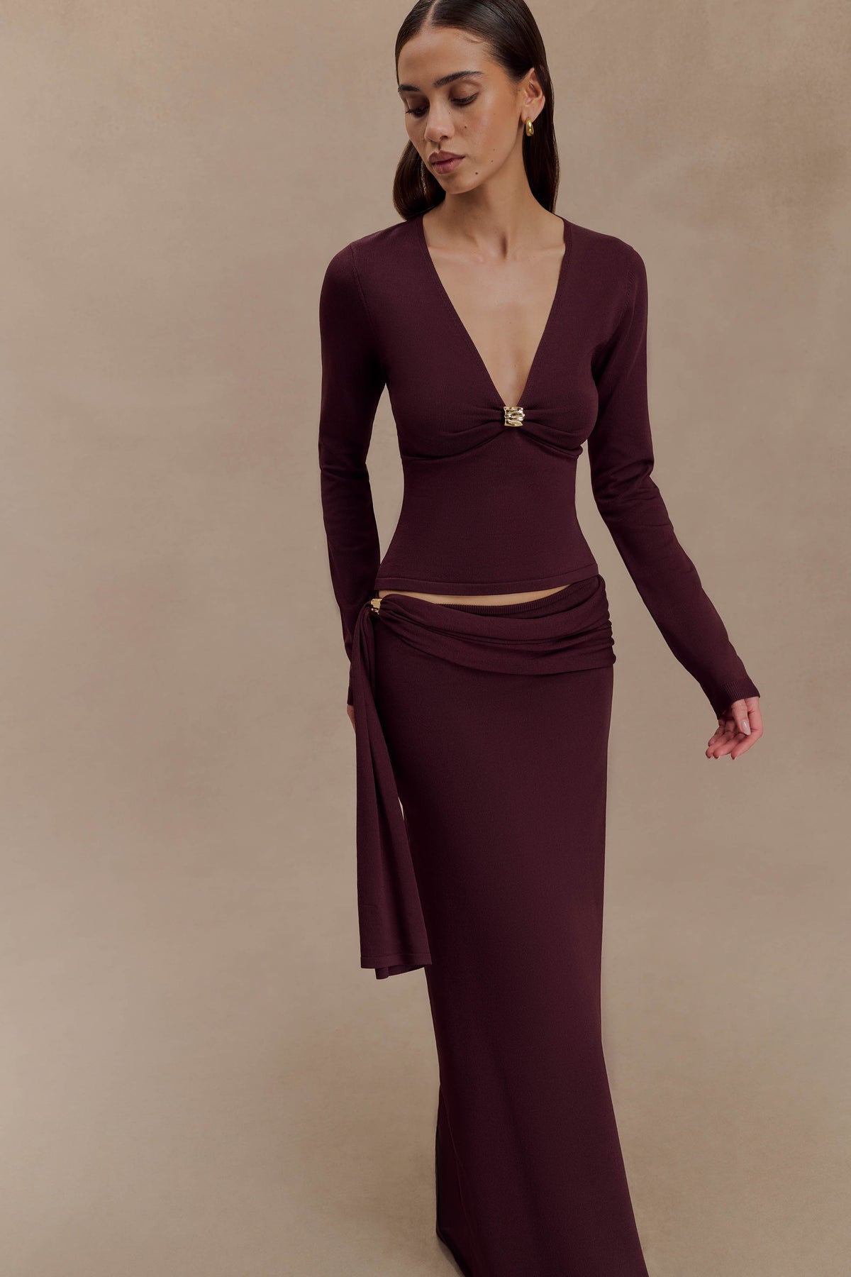 Miraby Front Ruched Knit Long Sleeve Top - Dark Chocolate #5