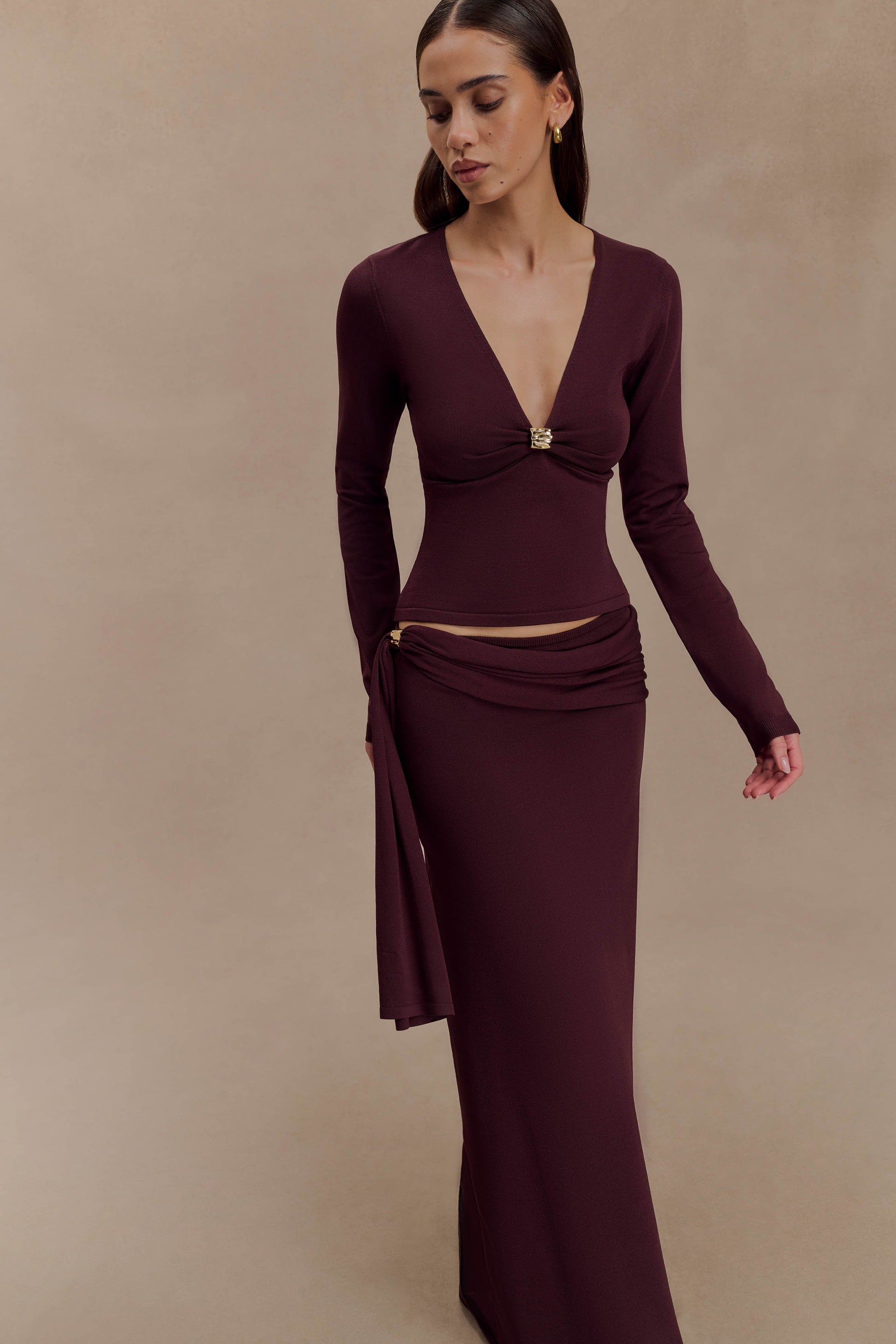 Miraby Front Ruched Knit Long Sleeve Top - Dark Chocolate #5