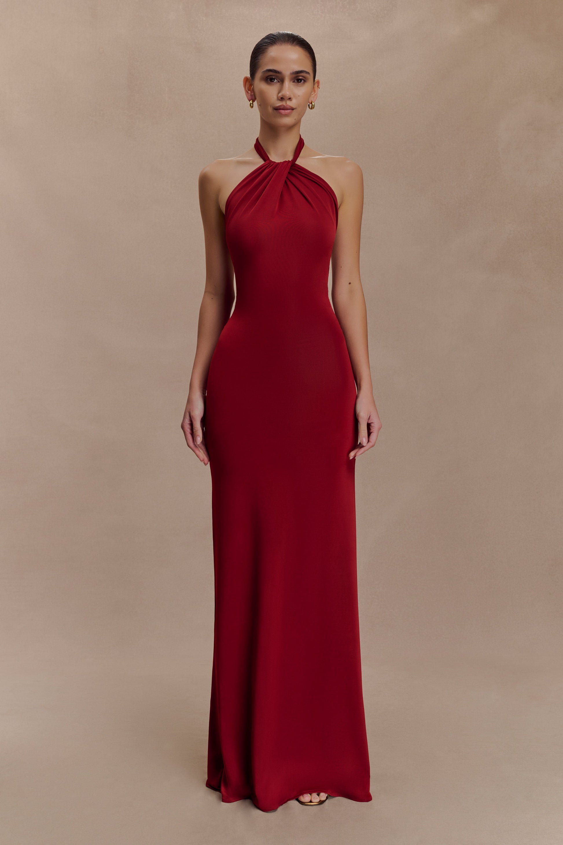 Elyna Slinky Halter Maxi Dress - Deep Red | MESHKI UK Elyna Slinky Halter Maxi Dress - Deep Red | MESHKI UK