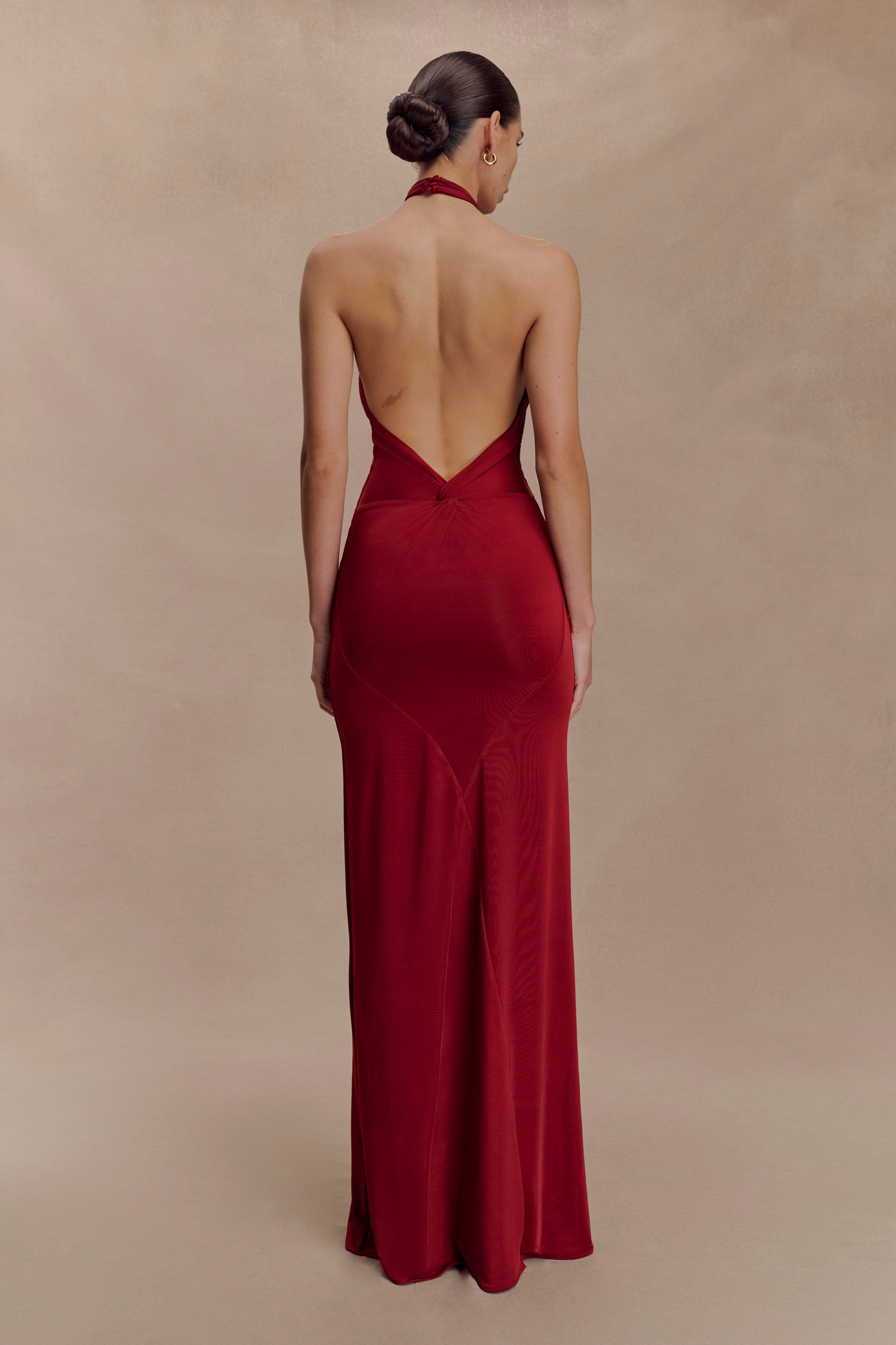 Elyna Slinky Halter Maxi Dress - Deep Red | MESHKI UK Elyna Slinky Halter Maxi Dress - Deep Red | MESHKI UK