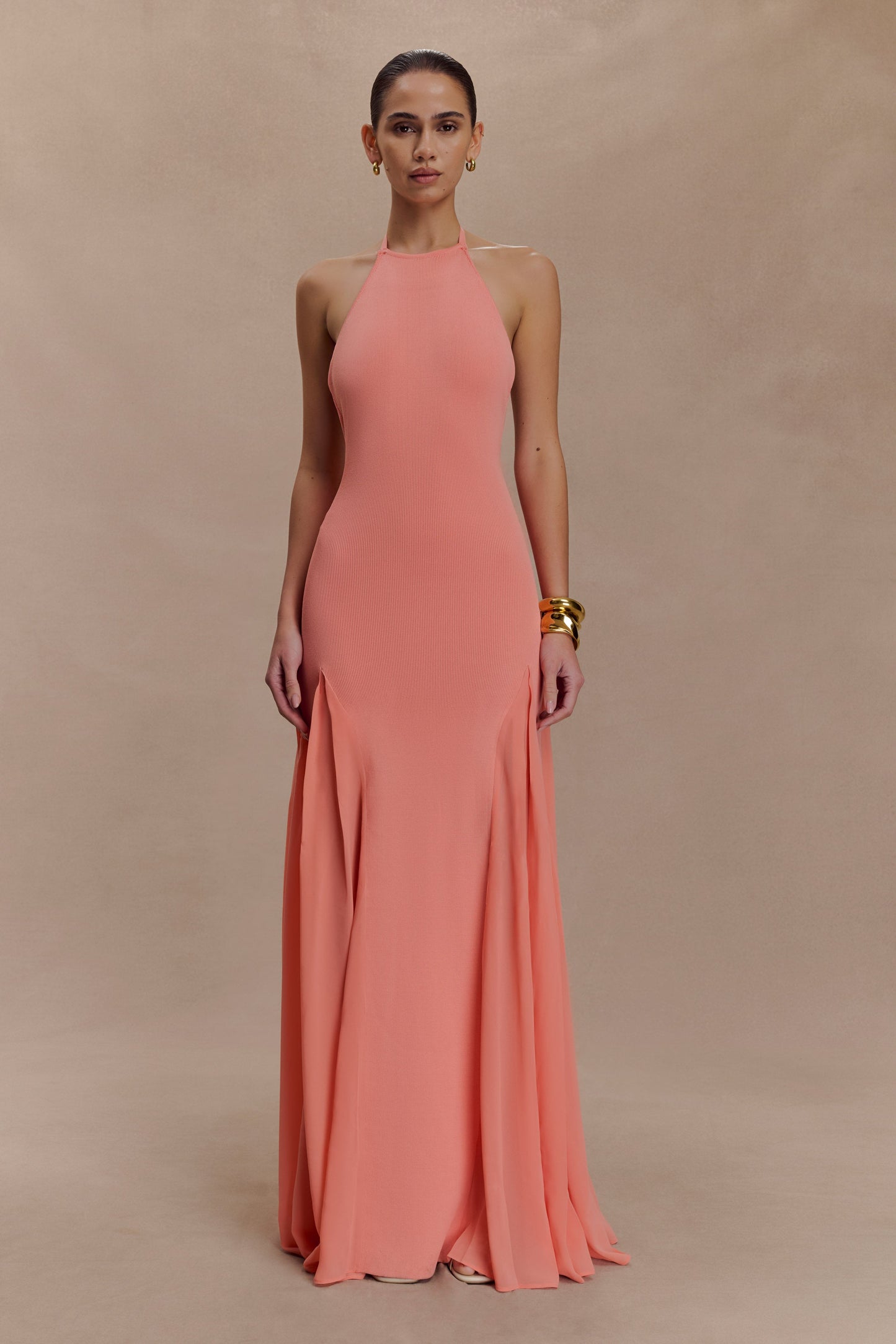 Soleil Knit And Mesh Halter Maxi Dress - Coral