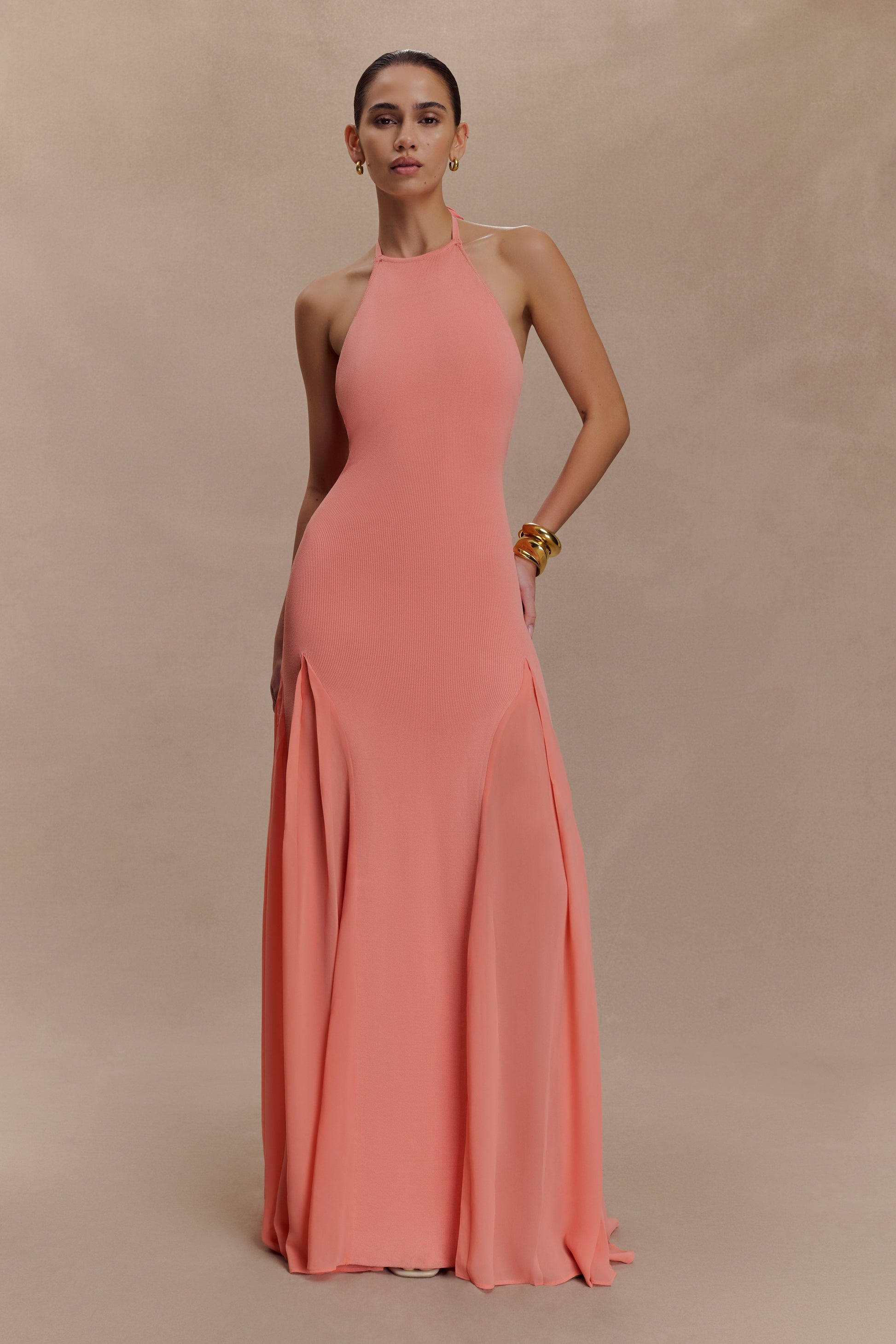 Soleil Knit And Mesh Halter Maxi Dress - Coral | MESHKI UK Soleil Knit And Mesh Halter Maxi Dress - Coral | MESHKI UK