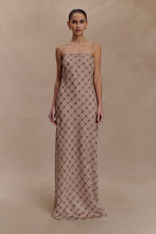 Silvana Chiffon Maxi Dress - Snake Check Print Mocha