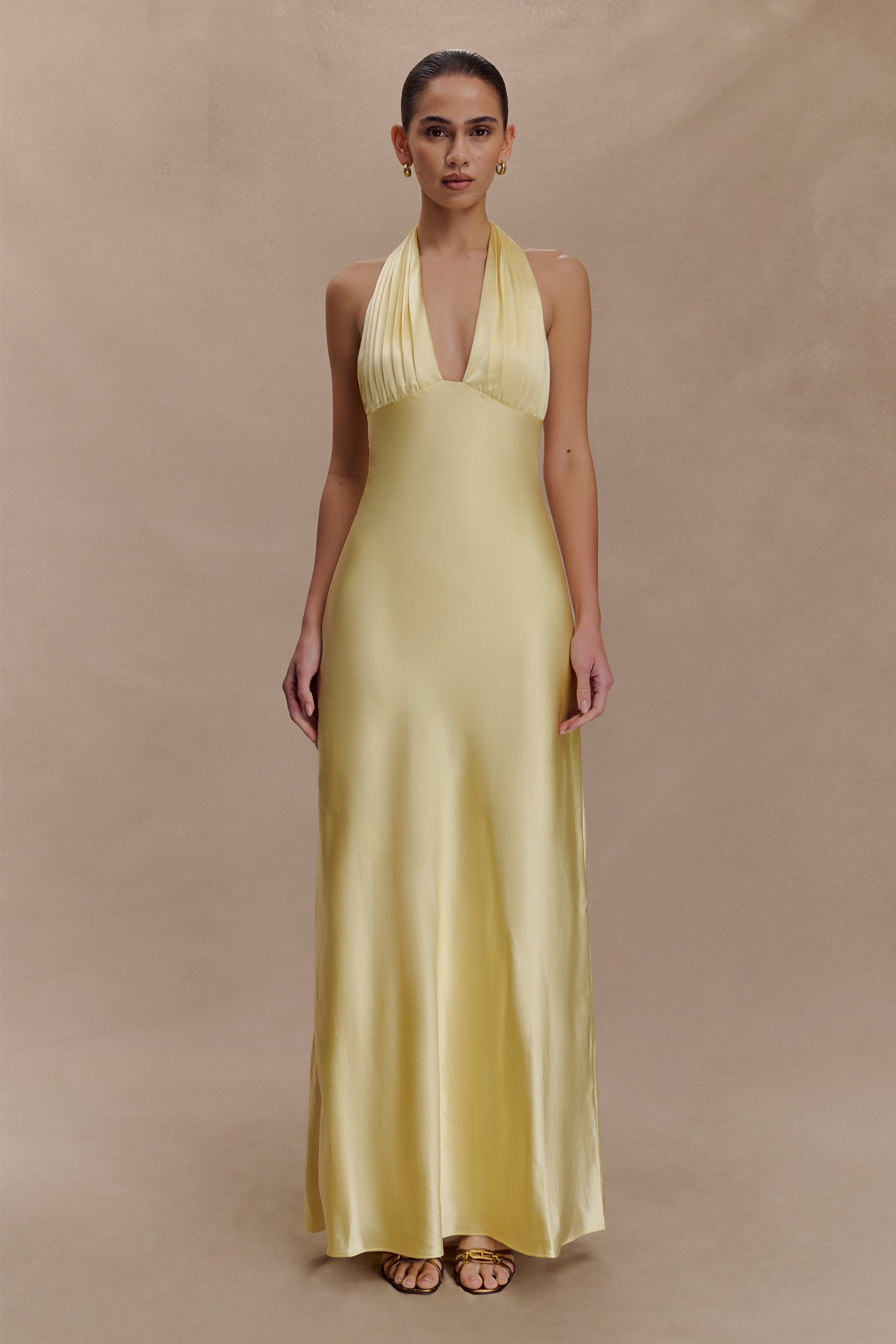 Alice Satin Halter Maxi Dress - Lemon #3