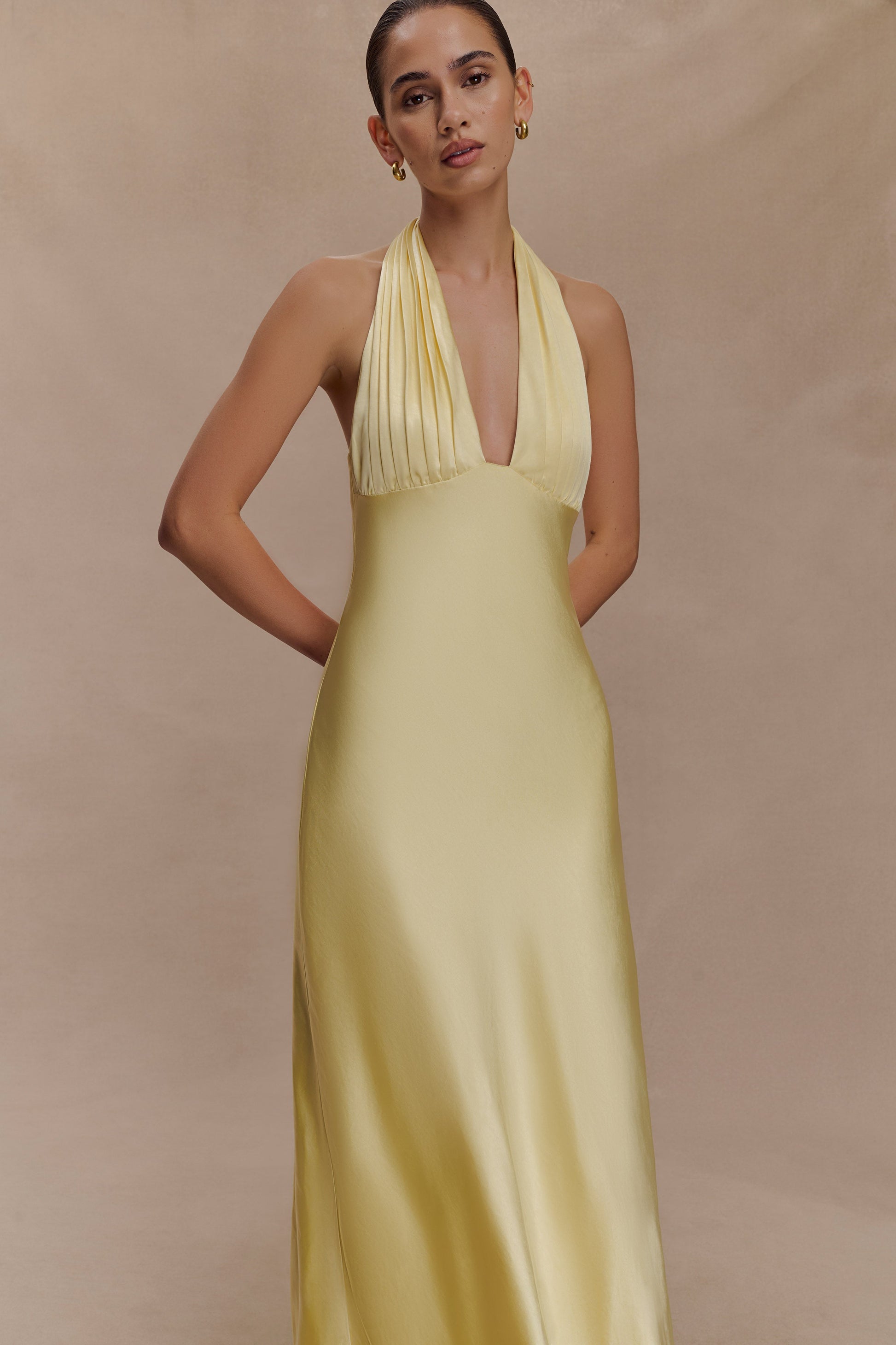 Alice Satin Halter Maxi Dress - Lemon #3