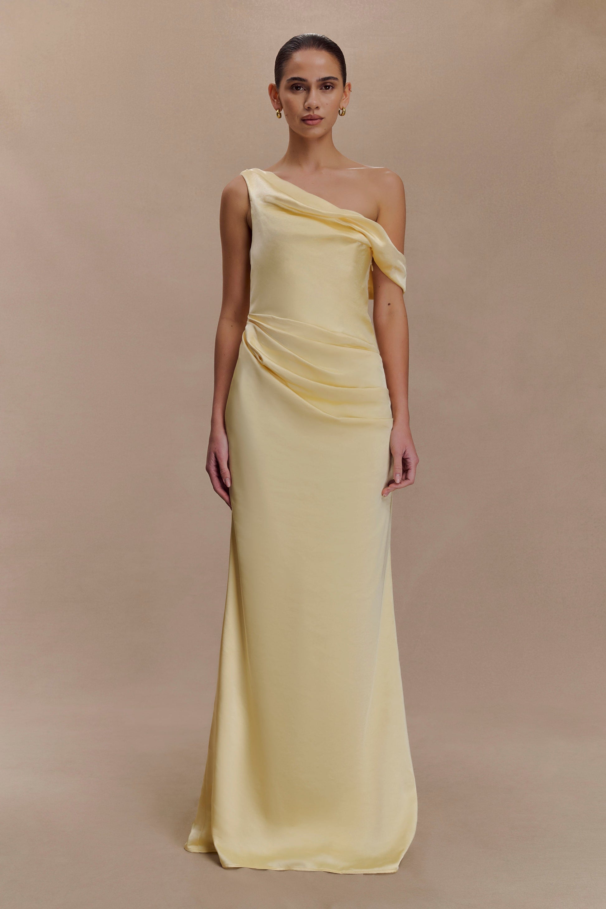 Dalia Off Shoulder Satin Maxi Dress - Lemon