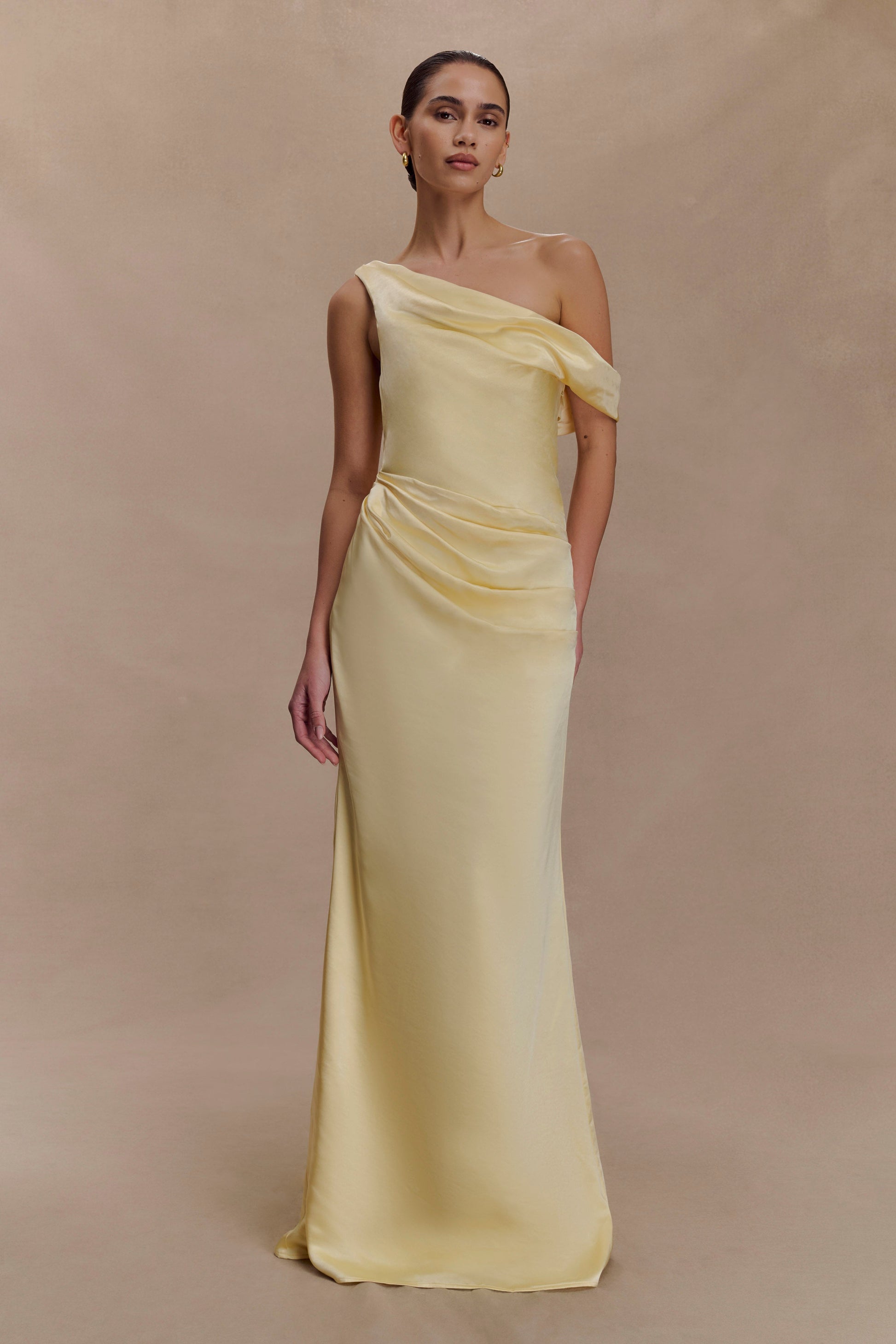 Dalia Off Shoulder Satin Maxi Dress - Lemon | MESHKI UK Dalia Off Shoulder Satin Maxi Dress - Lemon | MESHKI UK