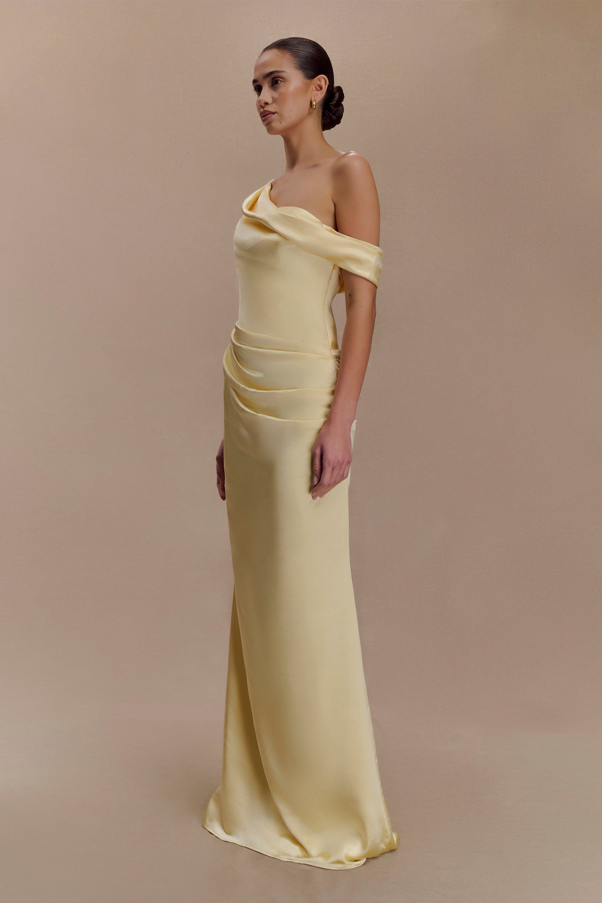 Dalia Off Shoulder Satin Maxi Dress - Lemon #4