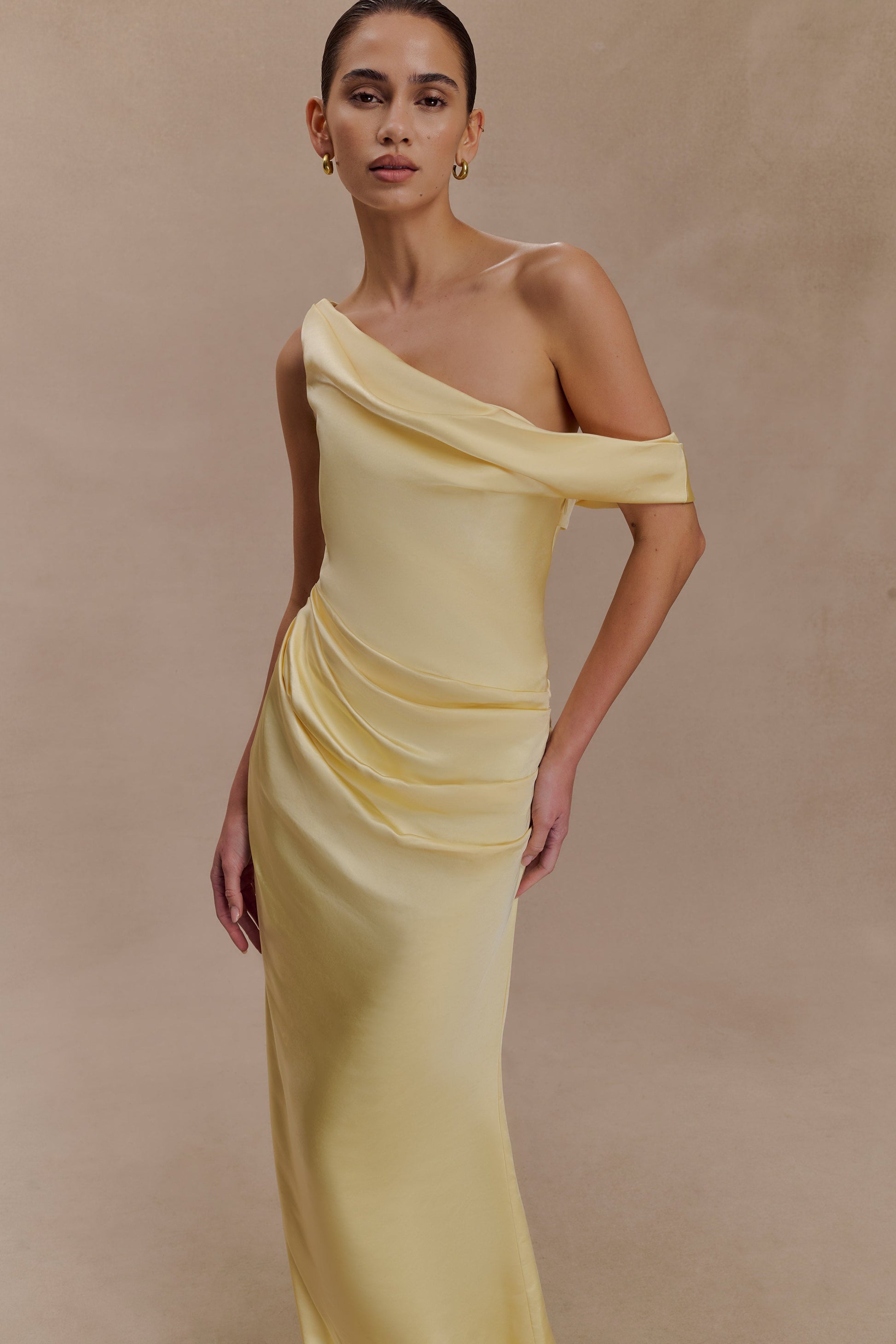 Dalia Off Shoulder Satin Maxi Dress - Lemon #3