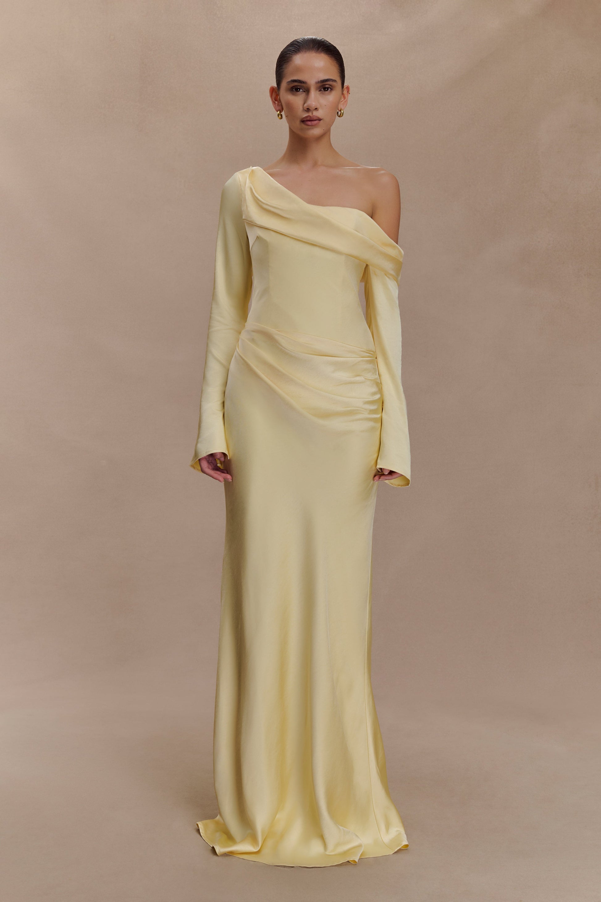 Iris Long Sleeve Satin Maxi Dress - Lemon