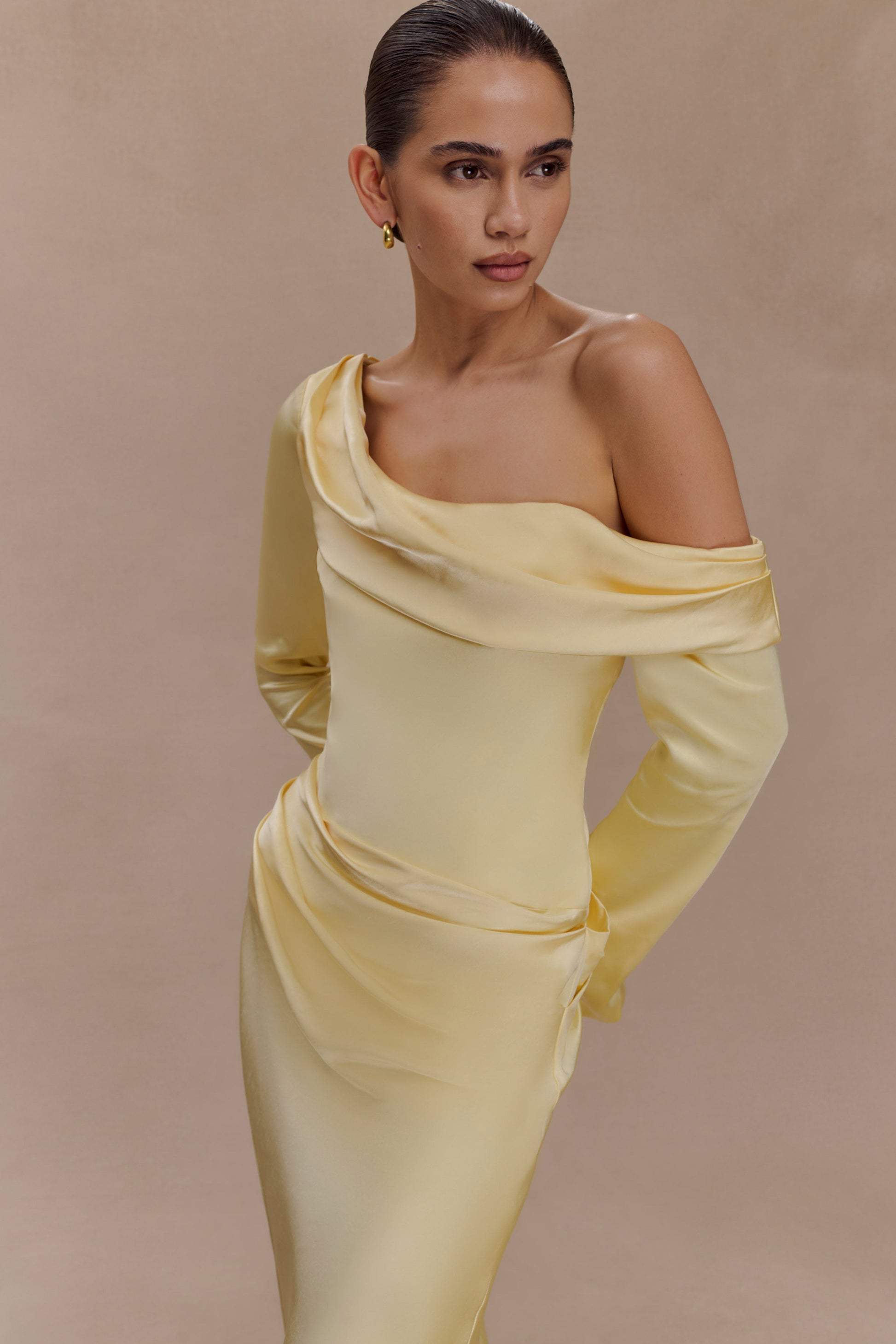Iris Long Sleeve Satin Maxi Dress - Lemon #3