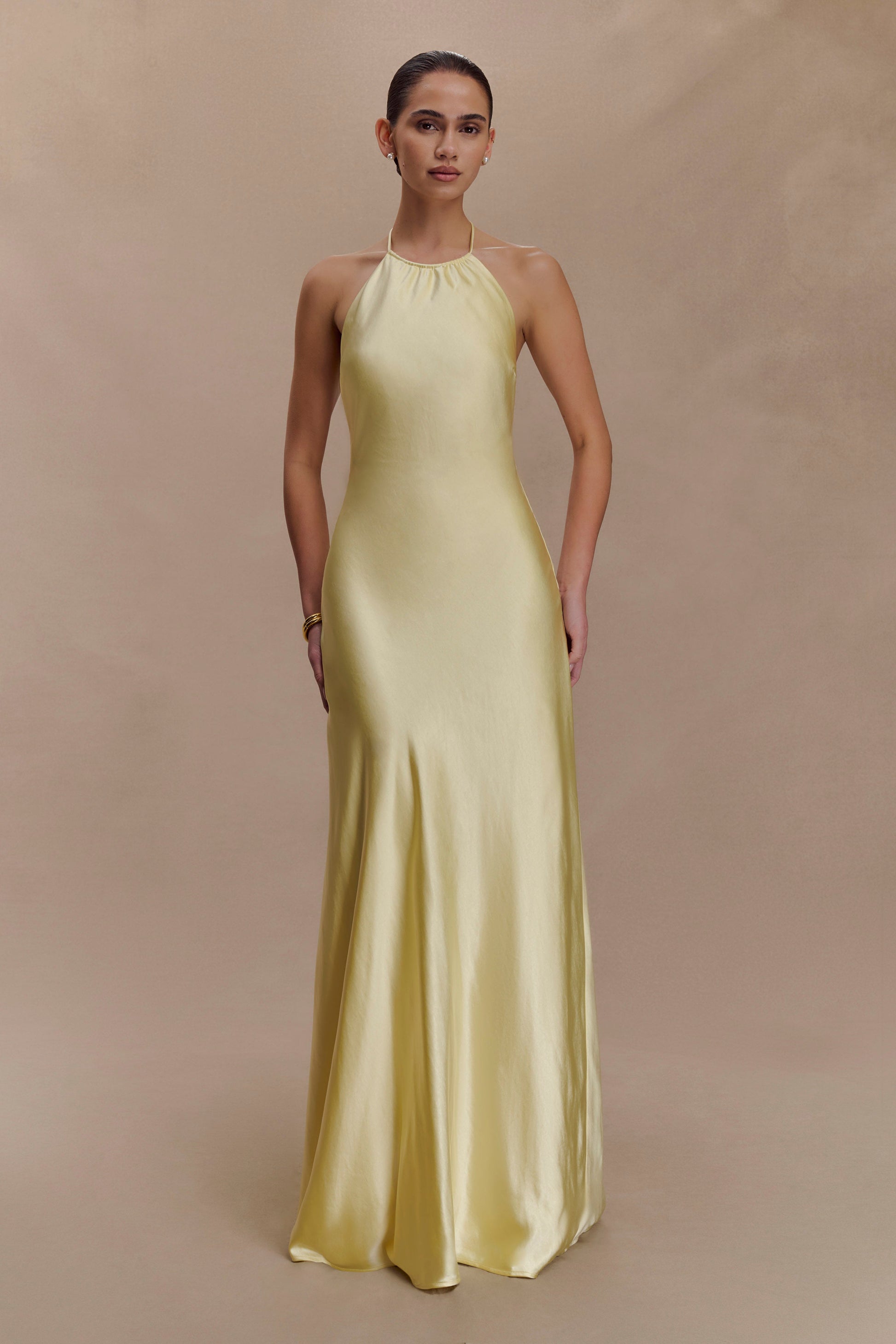 Bella Satin Halter Maxi Dress - Lemon #7