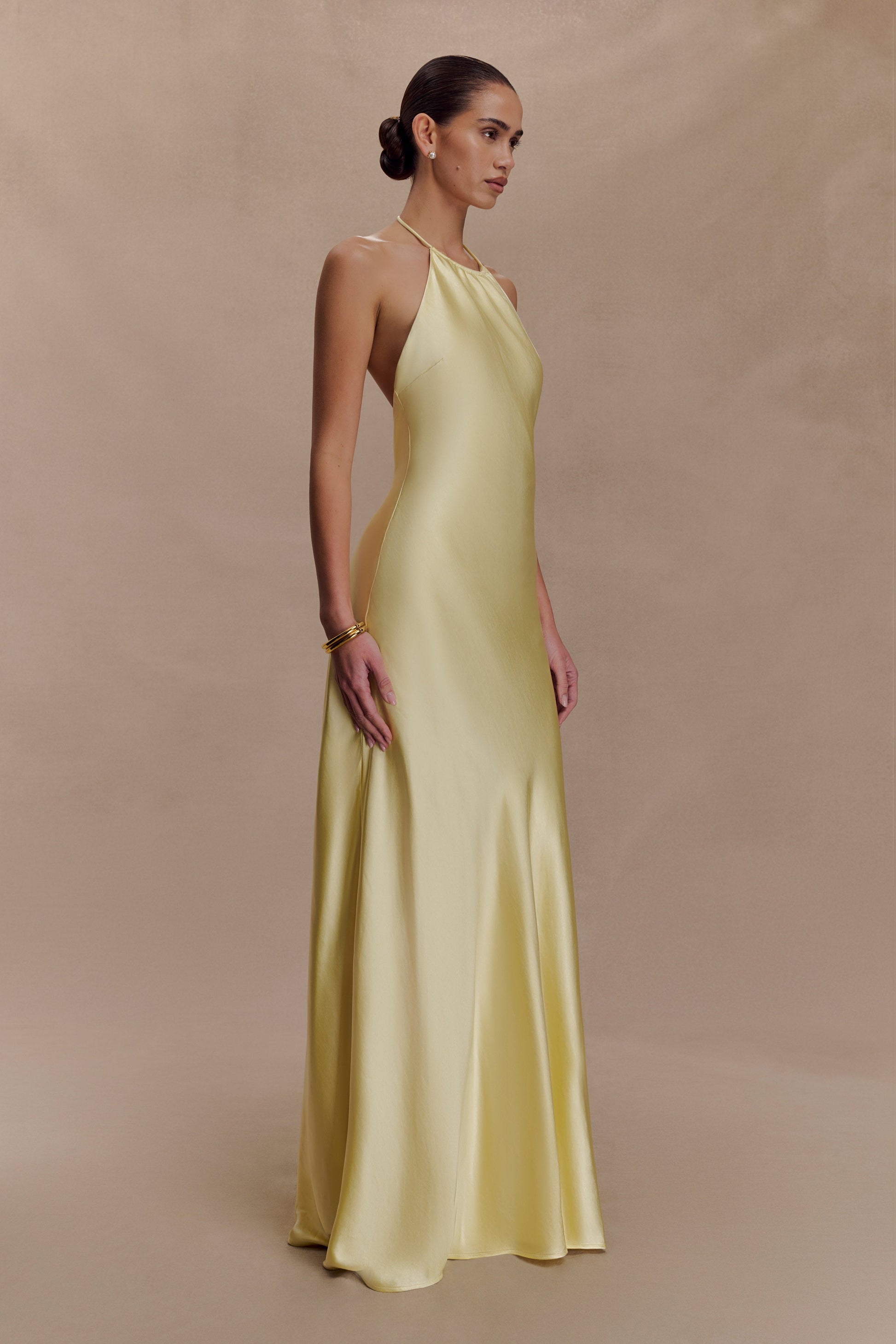 Bella Satin Halter Maxi Dress - Lemon #9