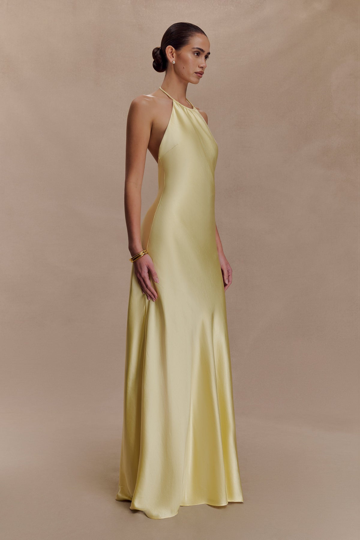 Bella Satin Halter Maxi Dress - Lemon #9