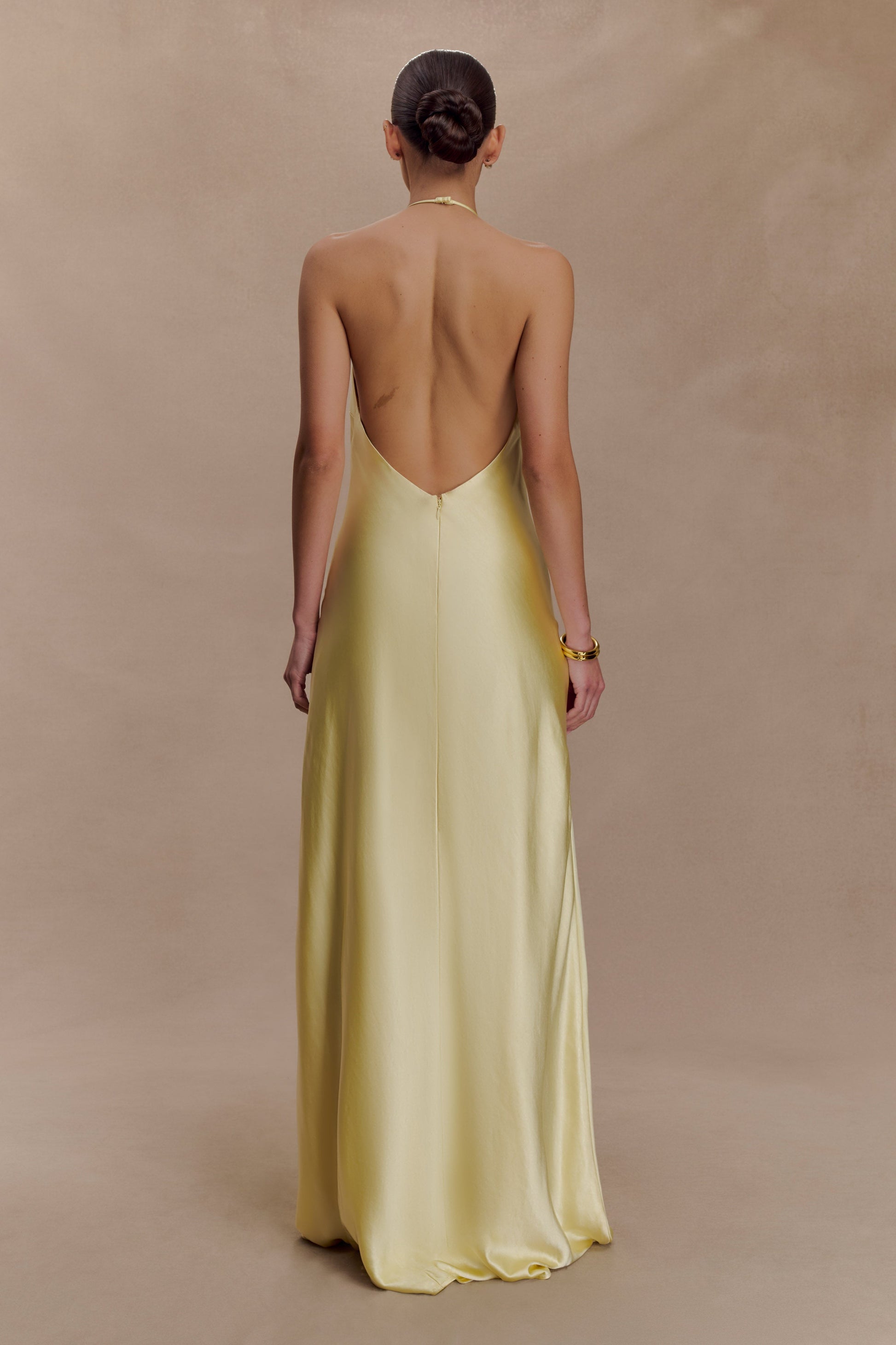 Bella Satin Halter Maxi Dress - Lemon #5
